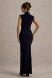 Lanetta Navy Ruched High Neck Maxi Dress With Split