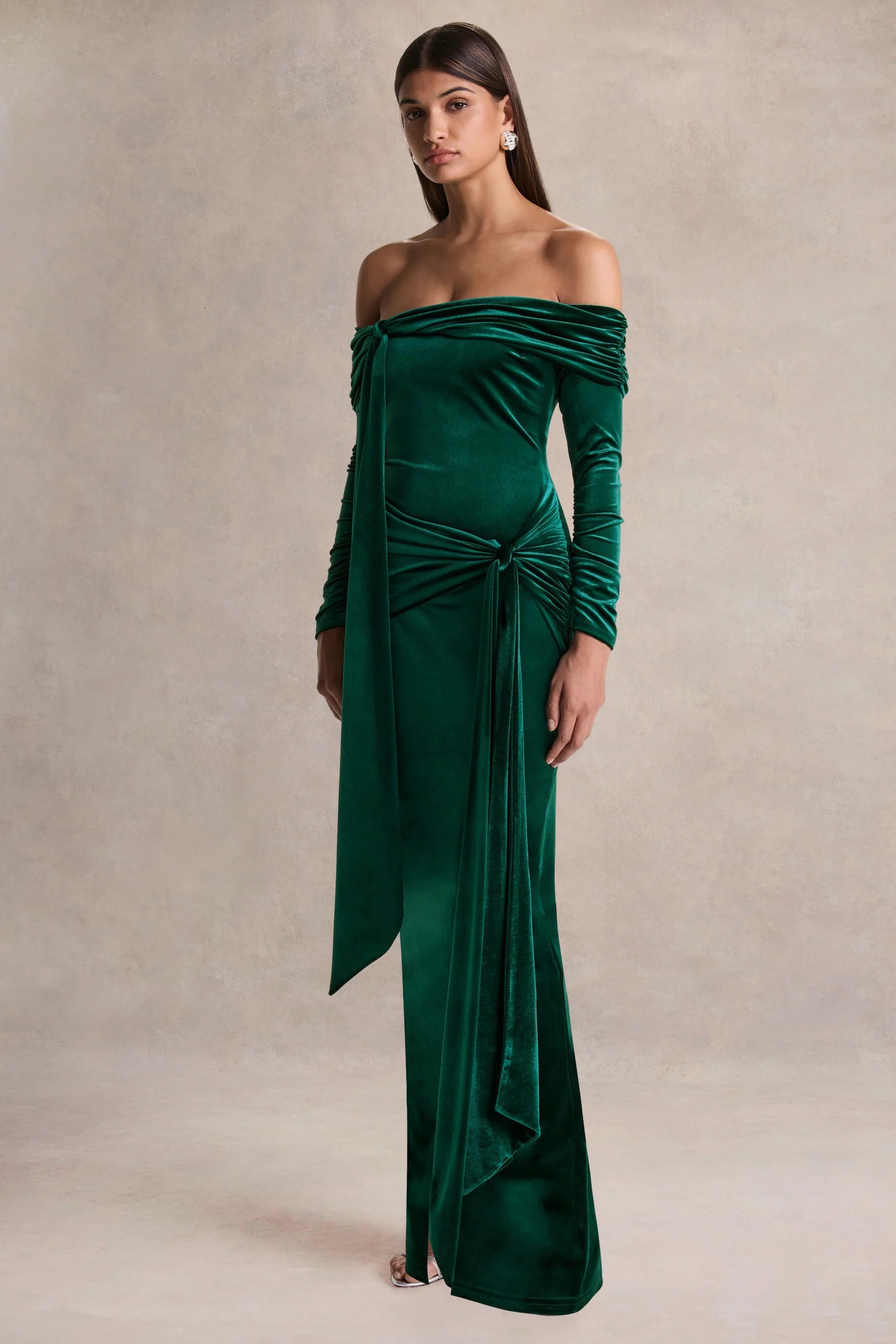 Jessara Bottle Green Bardot Neck Maxi Dress With Knot Details