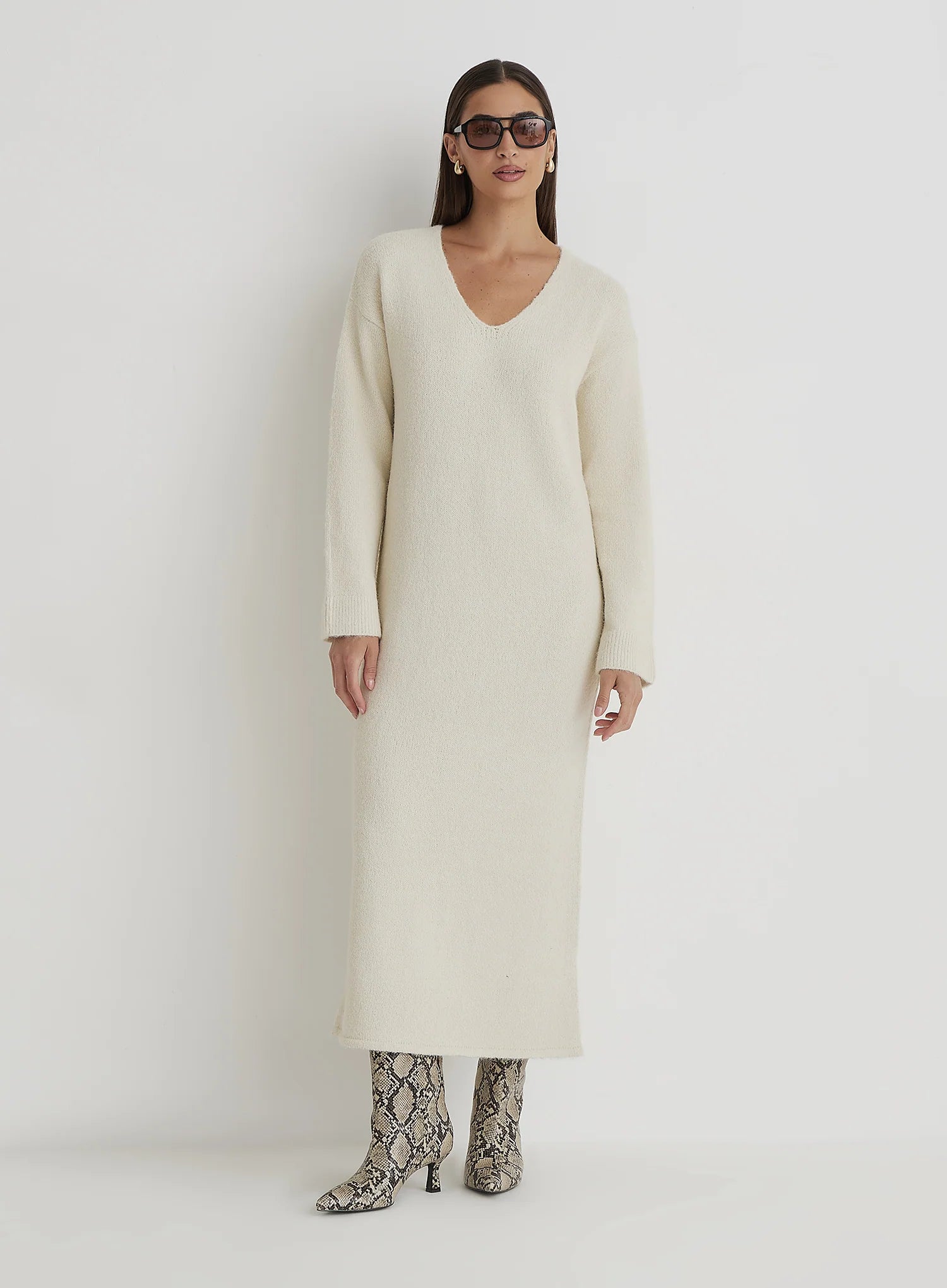 Cream V Neck Knitted Maxi Dress
