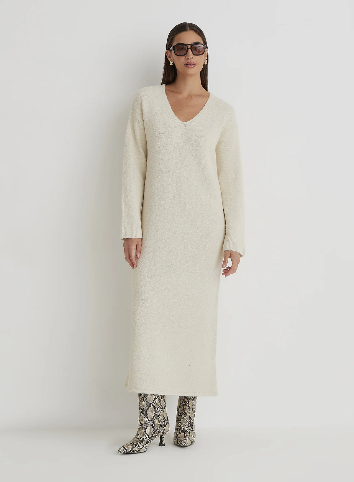 Cream V Neck Knitted Maxi Dress