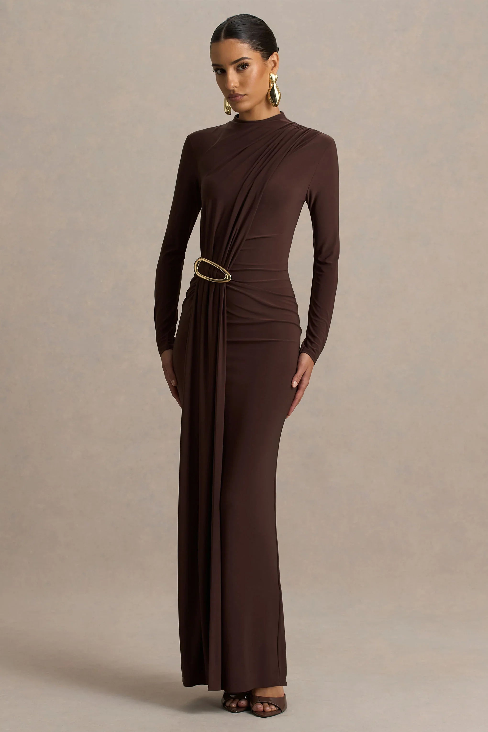 Zadie Brown High Neck Maxi Dress With Gathered Detail