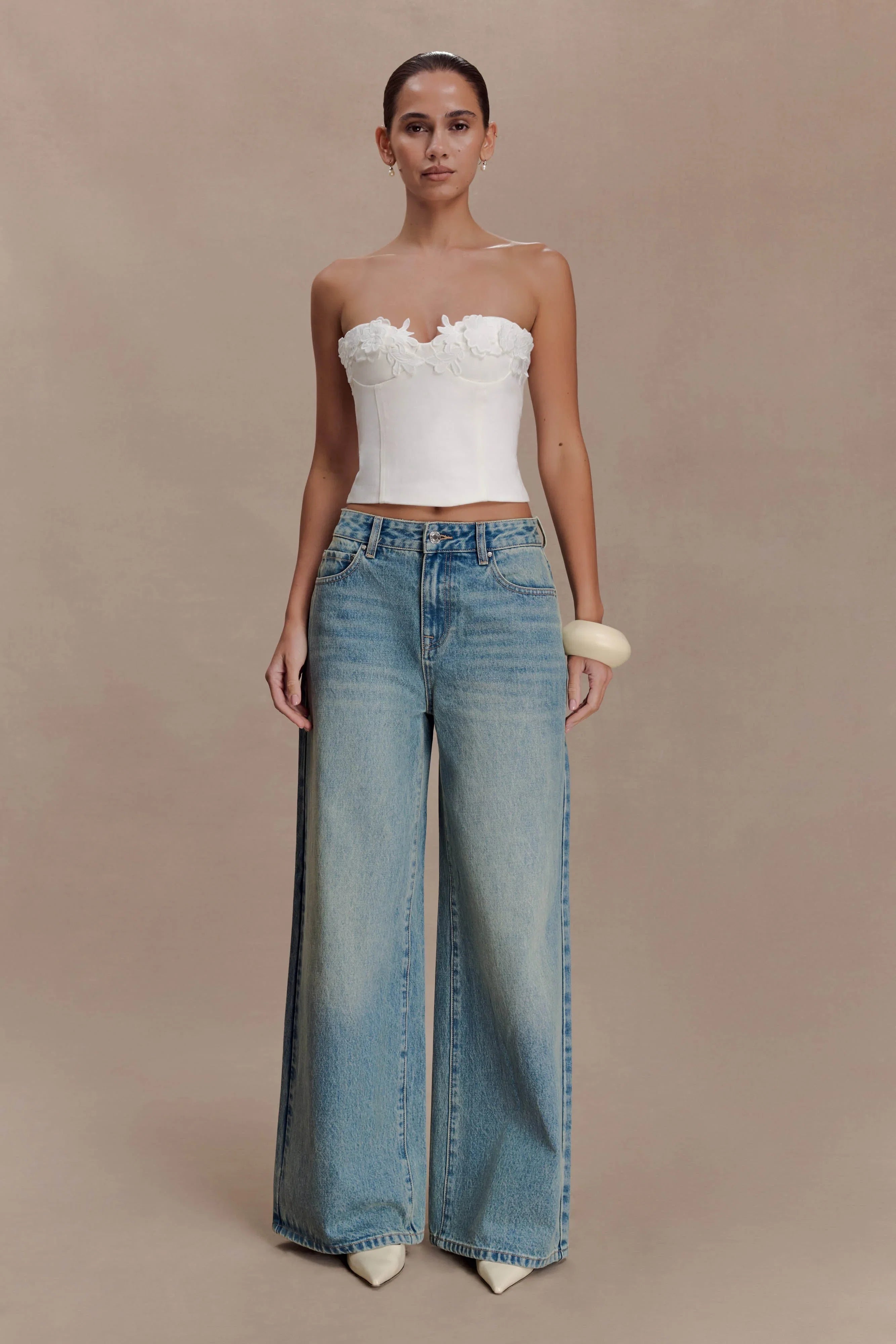 Melany Applique Denim Bustier White