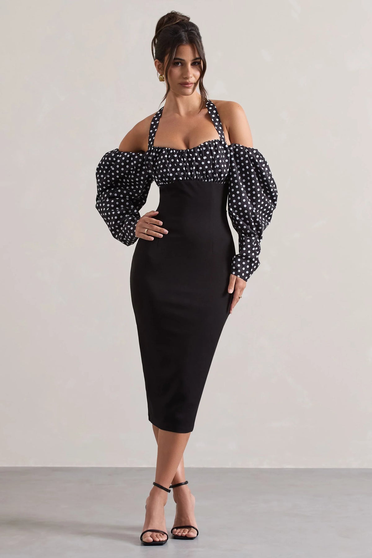 Couture Client Black White Polka Dot Halter Neck Puff Sleeve Midi Dress