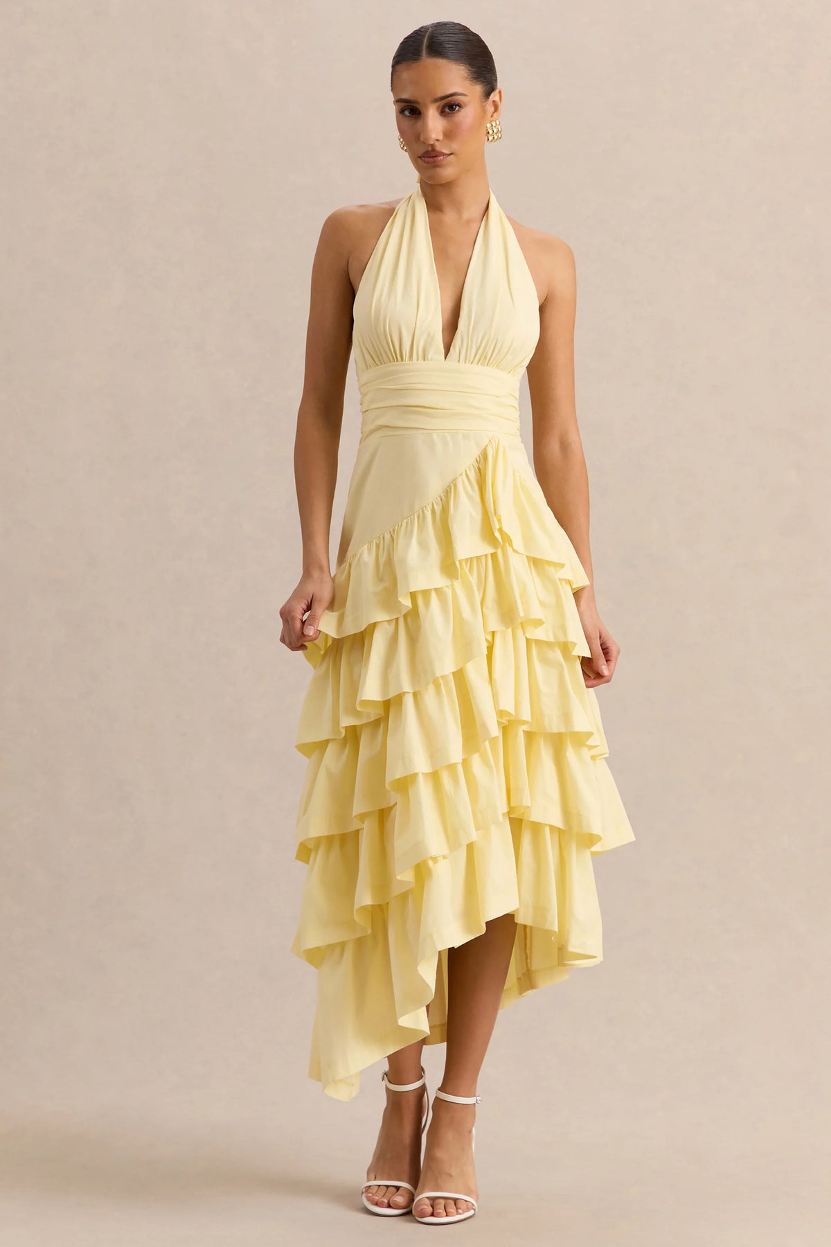 Velora Lemon Asymmetric Midi Dress With Tiered Ruffled Skirt