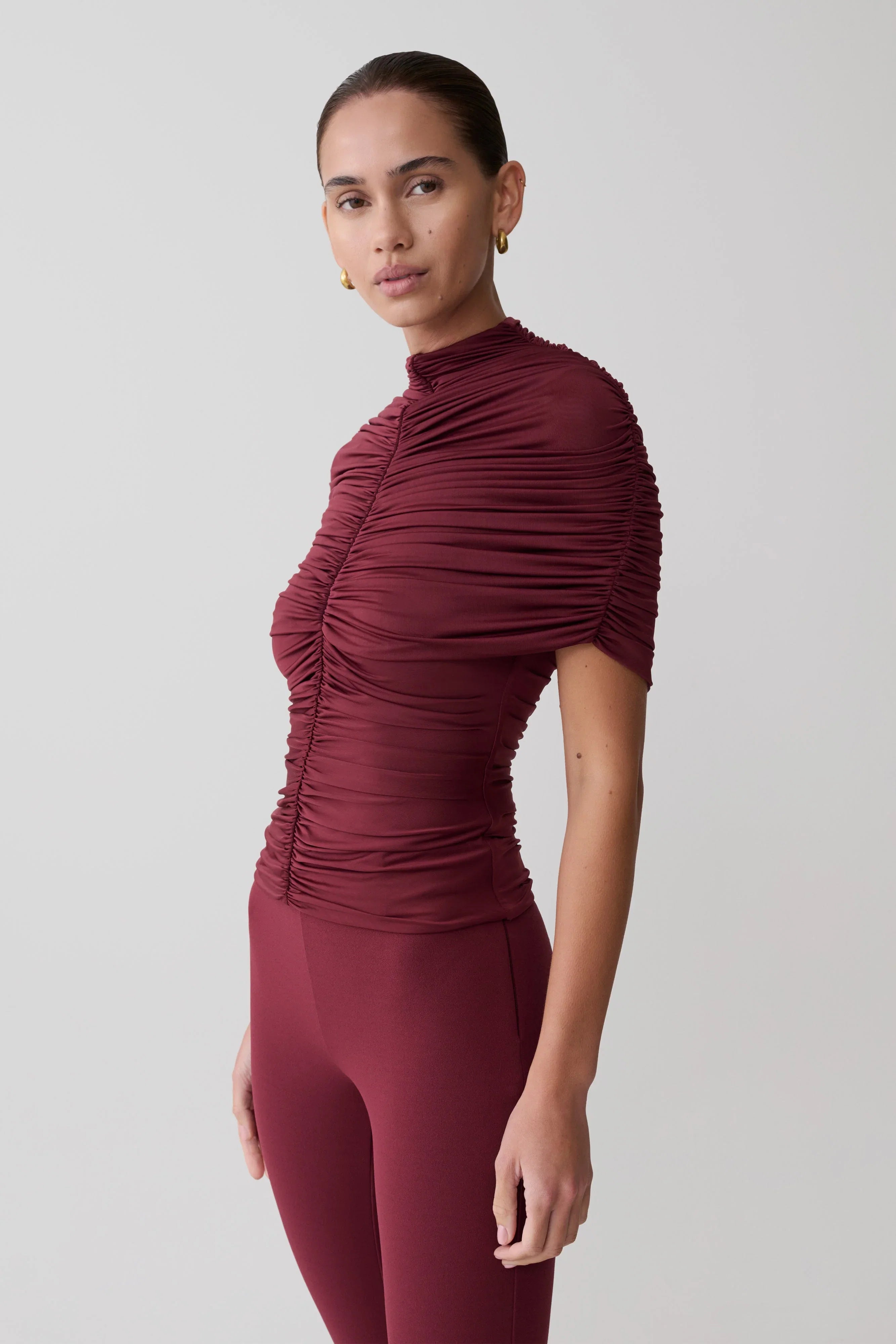 Linh Slinky High Neck Gathered Top Mahogany