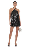 Circle Sequin Halter Shift Dress in Black
