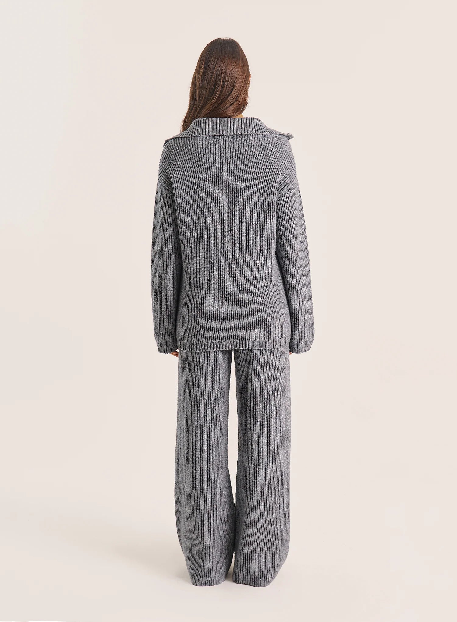 Light Grey Ribbed Knitted Wide Leg Trousers