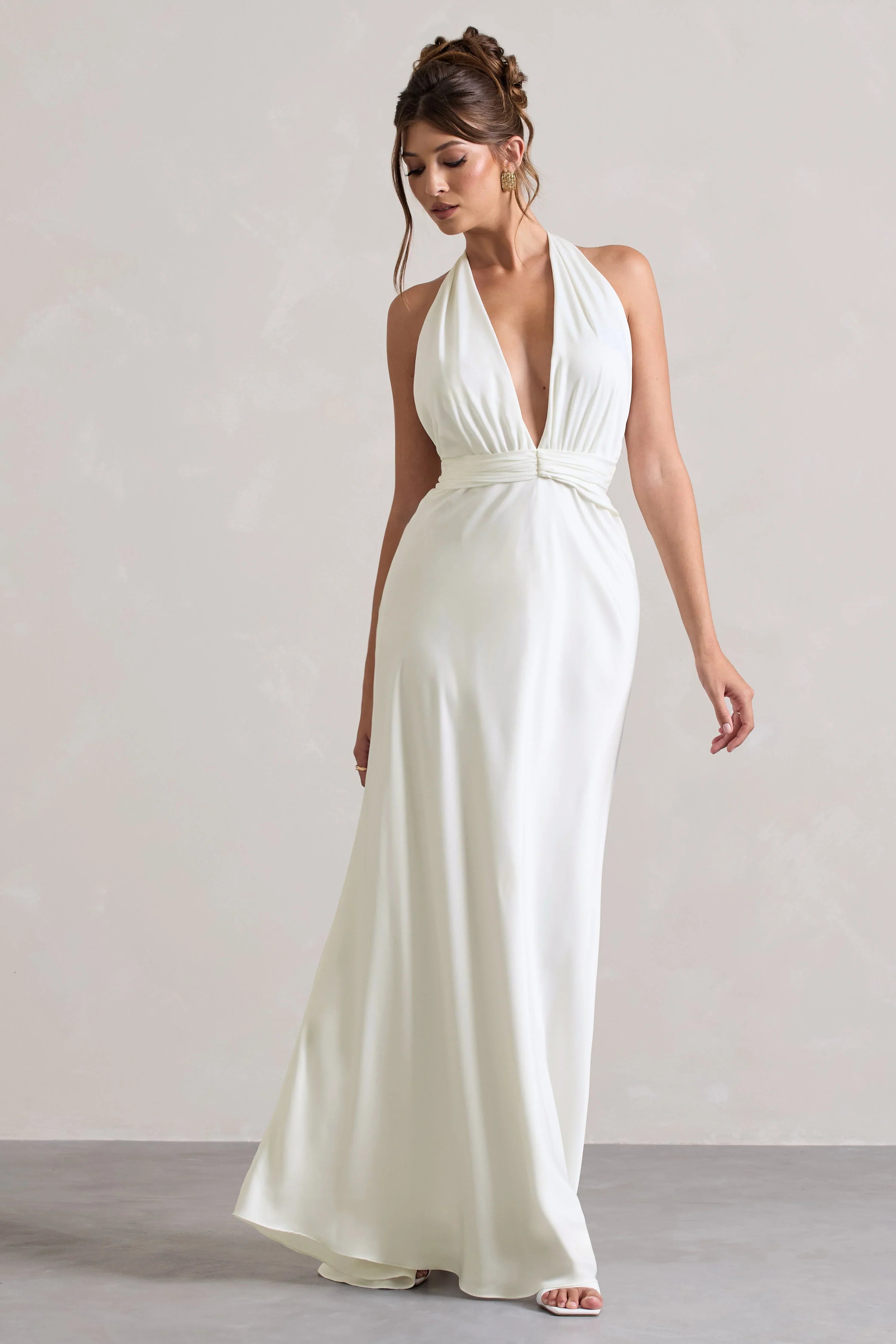 Carolyn Ivory Satin Plunge Maxi Dress With Dipped Hem