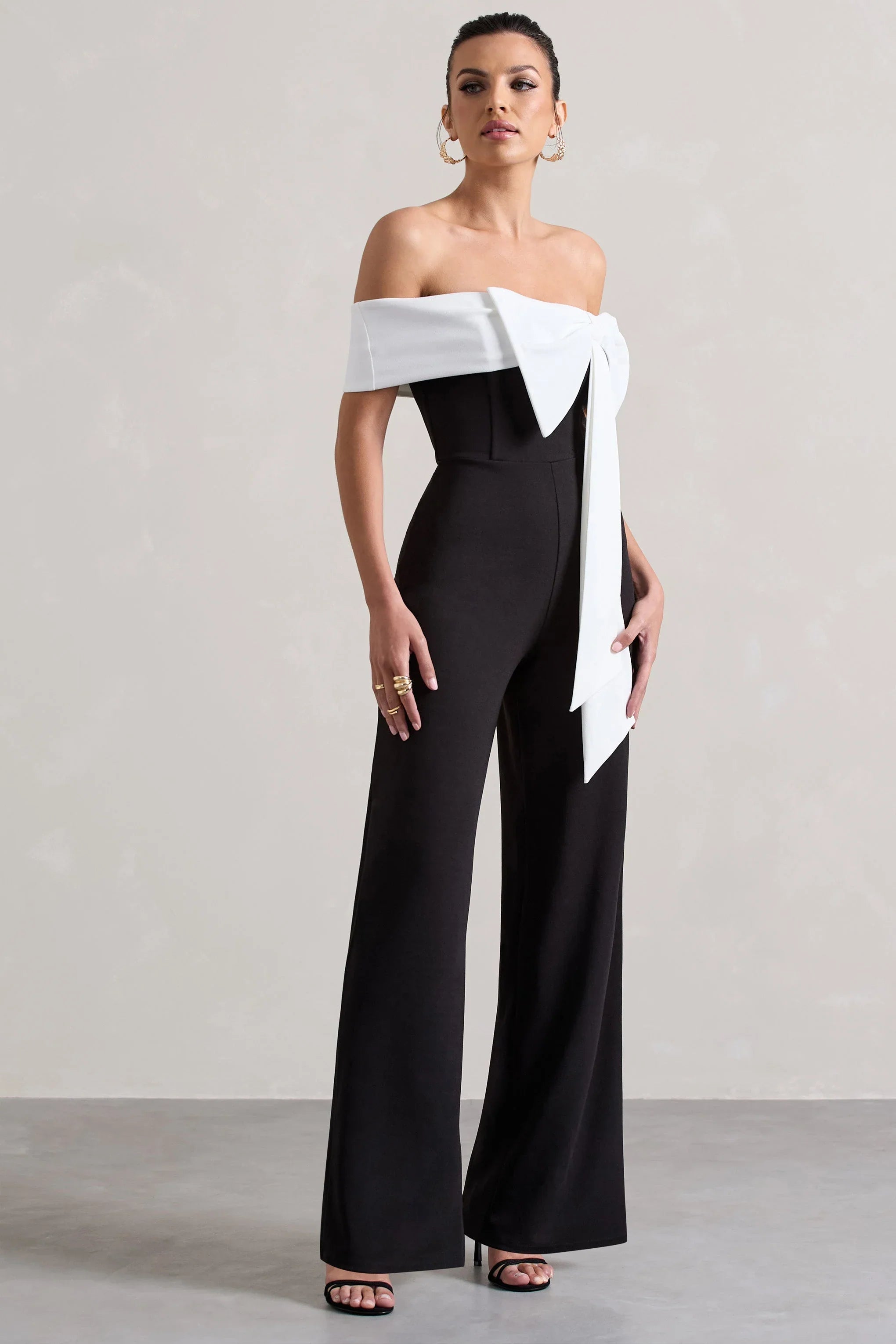 Bower Black Bardot Straight Leg Jumpsuit With Bow