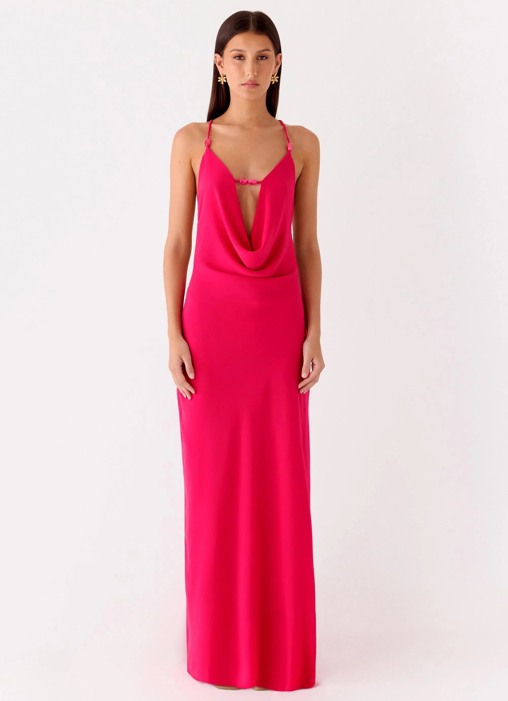 Tropic Muse Beaded Cowl Maxi Dress Fuchsia