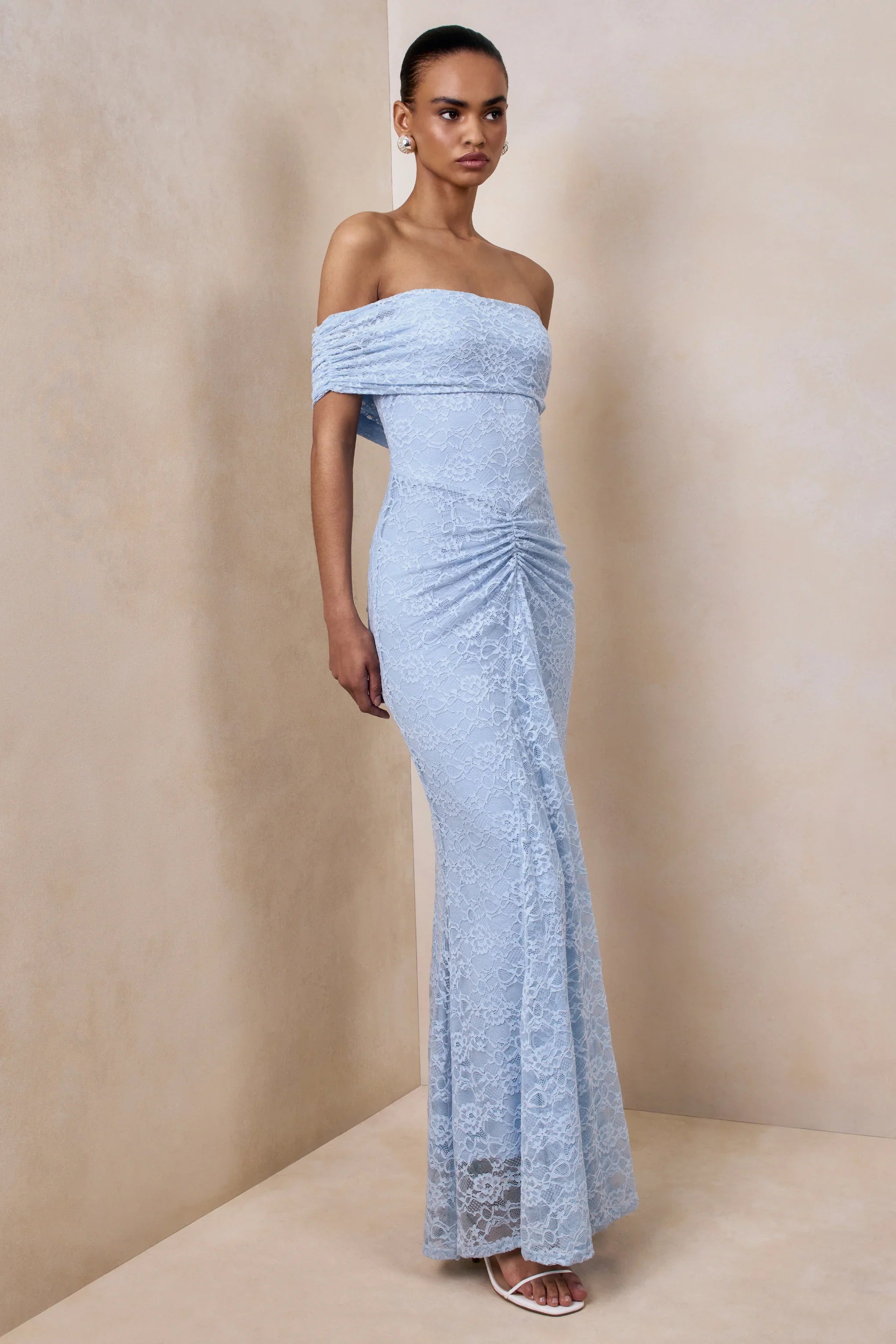 Elinor Powder Blue Lace Bardot Neck Maxi Dress With Gathered Detailing