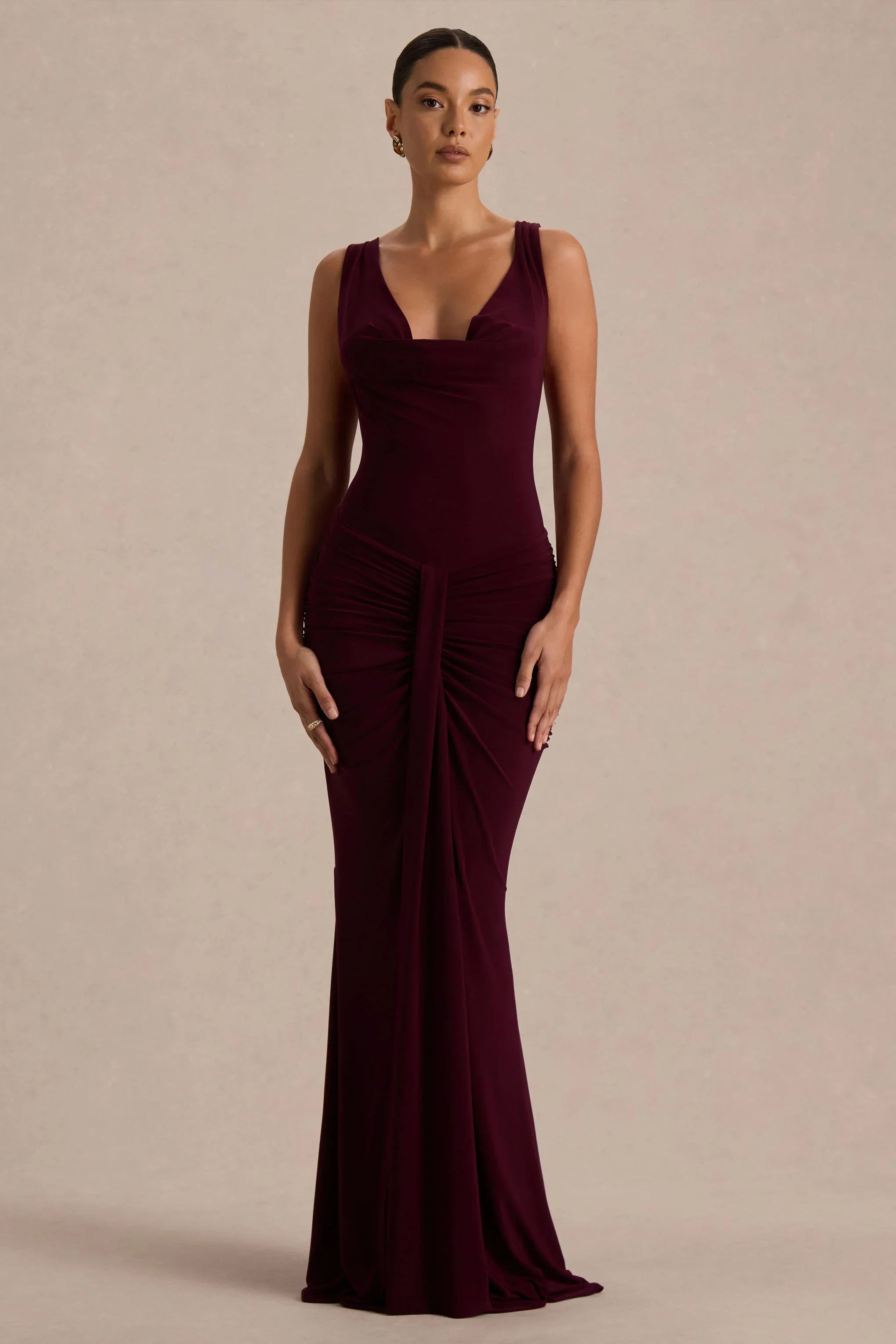 Mallie Burgundy Cowl Neck Maxi Dress With Open Back And Gathered Detailing