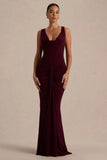 Mallie Burgundy Cowl Neck Maxi Dress With Open Back And Gathered Detailing