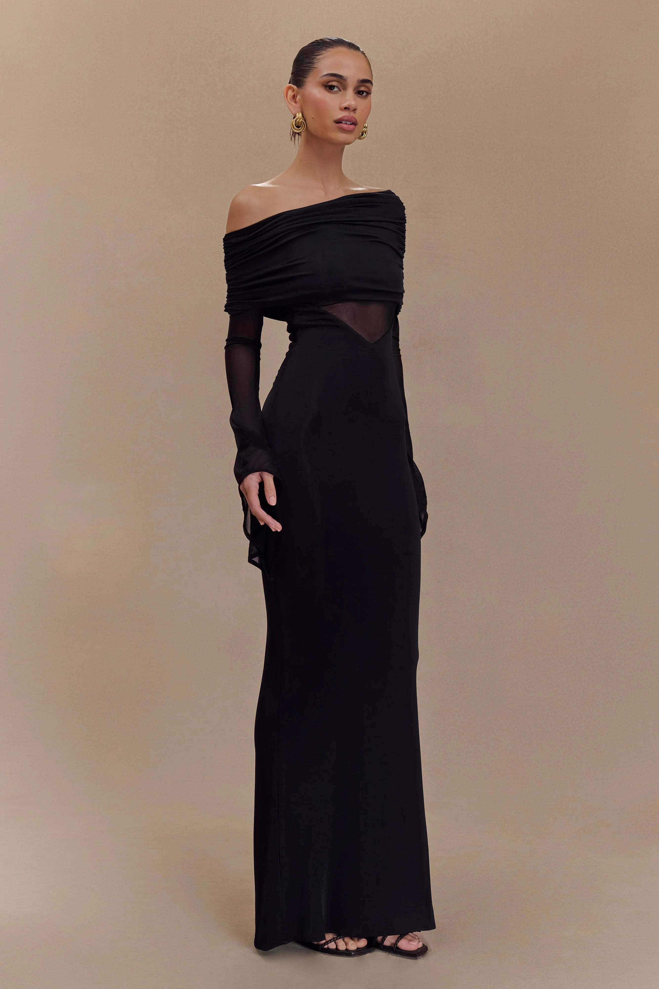 Kaitlin One Shoulder Slinky And Mesh Maxi Dress Black