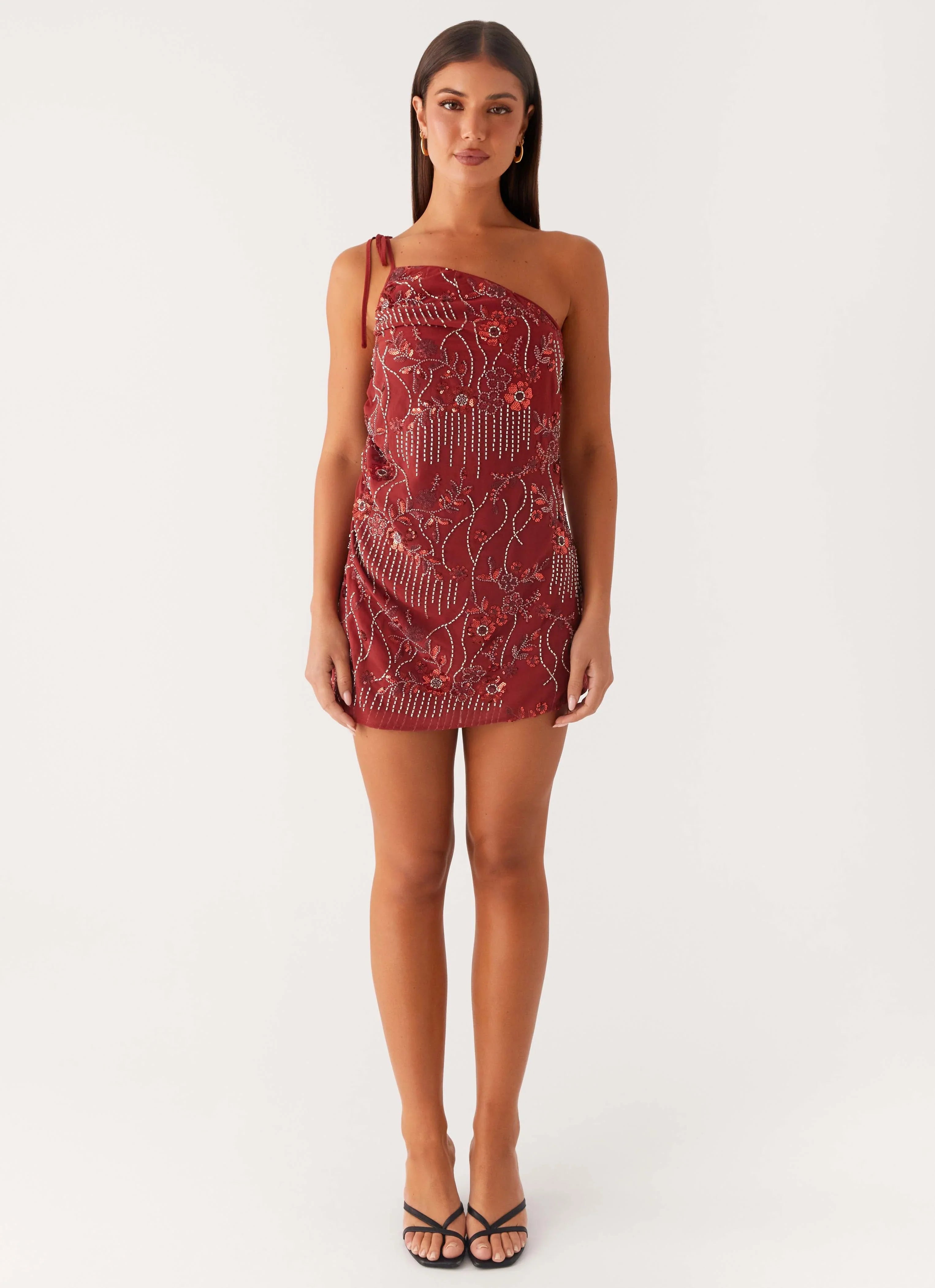 Temptational Beaded One Shoulder Mini Dress Rust