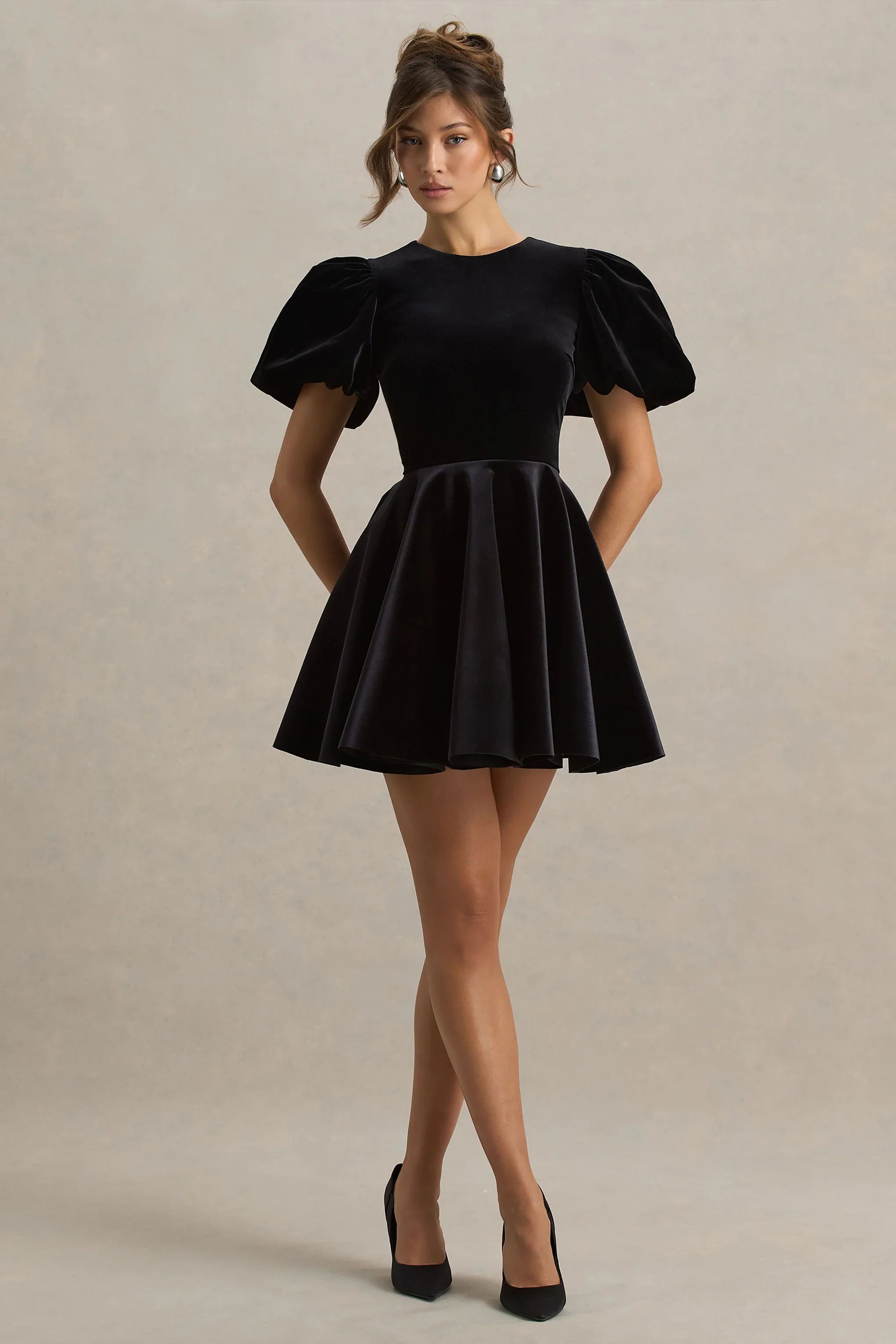 Priya Black Velvet Mini Dress With Puff Sleeves