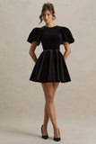 Priya Black Velvet Mini Dress With Puff Sleeves