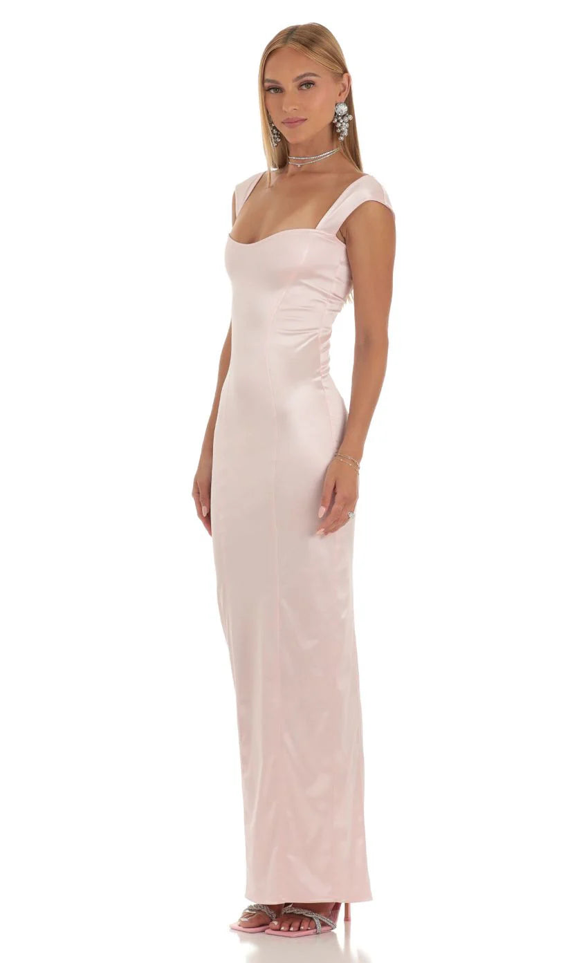 Satin Maxi Dress in Pink