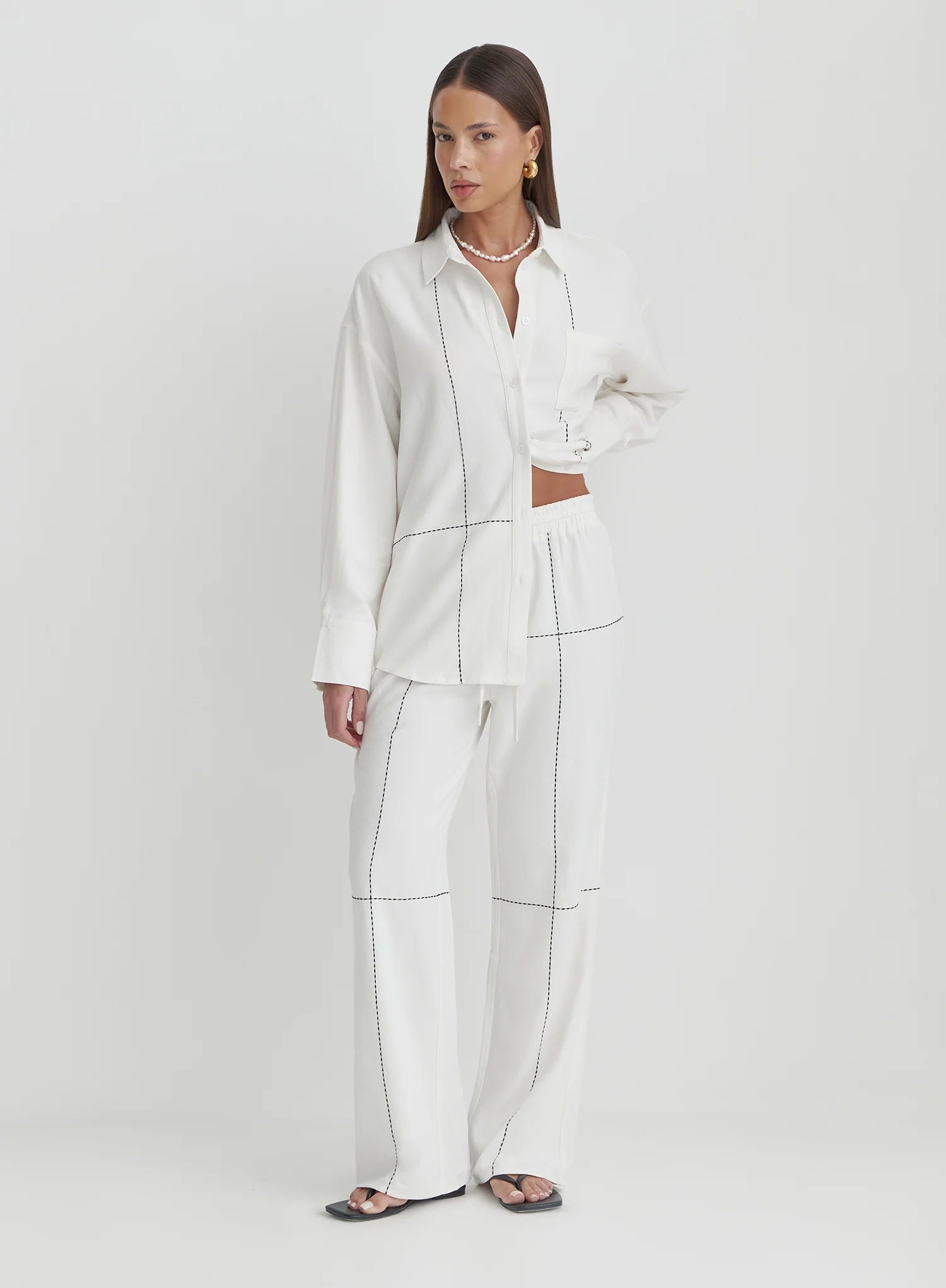Off White Contrast Stitch Linen Trouser