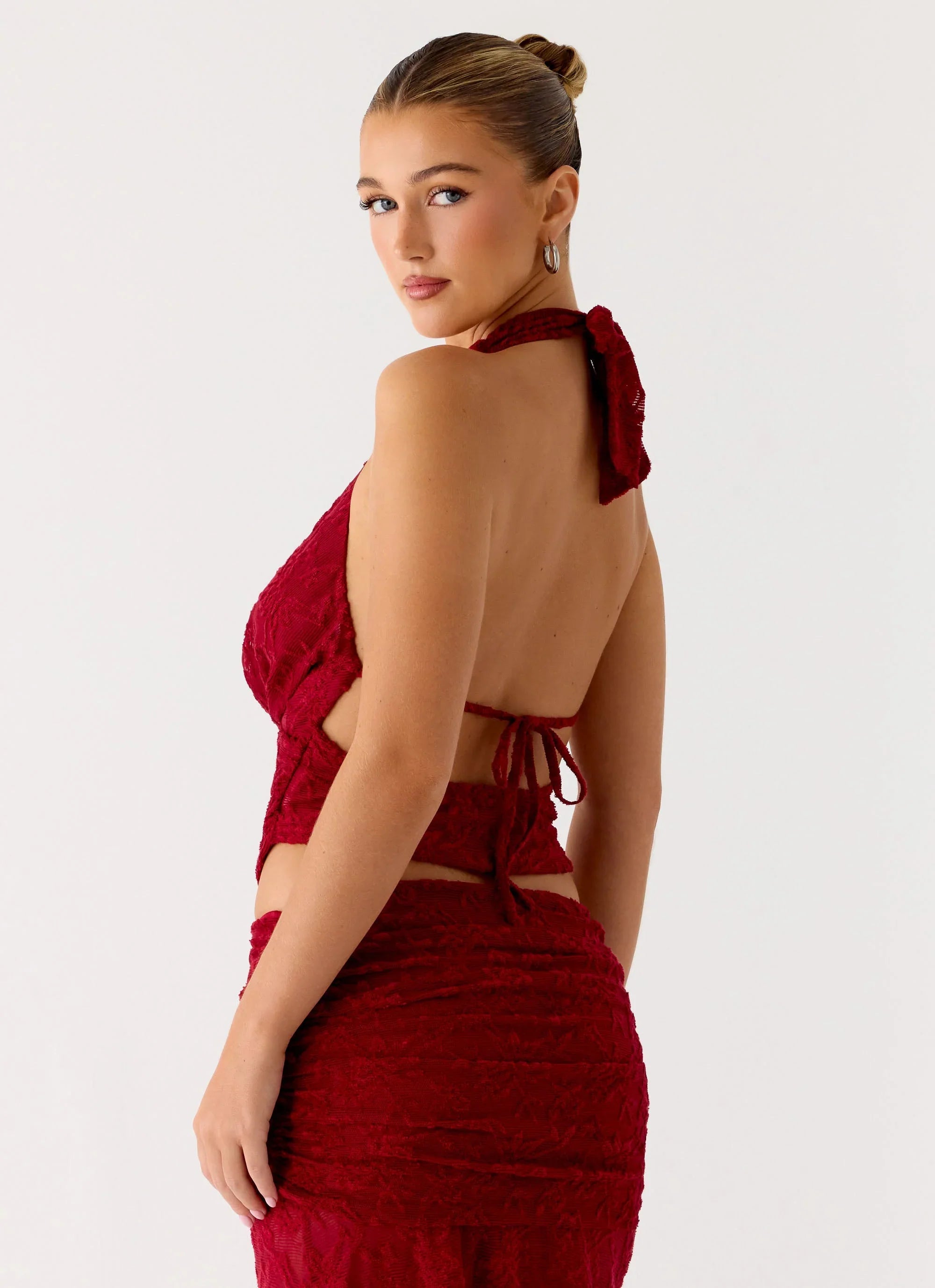 Farruko Jacquard Halter Top Dark Cherry