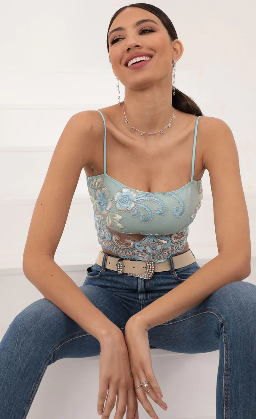 Roma Top in Aqua and Off White Lace