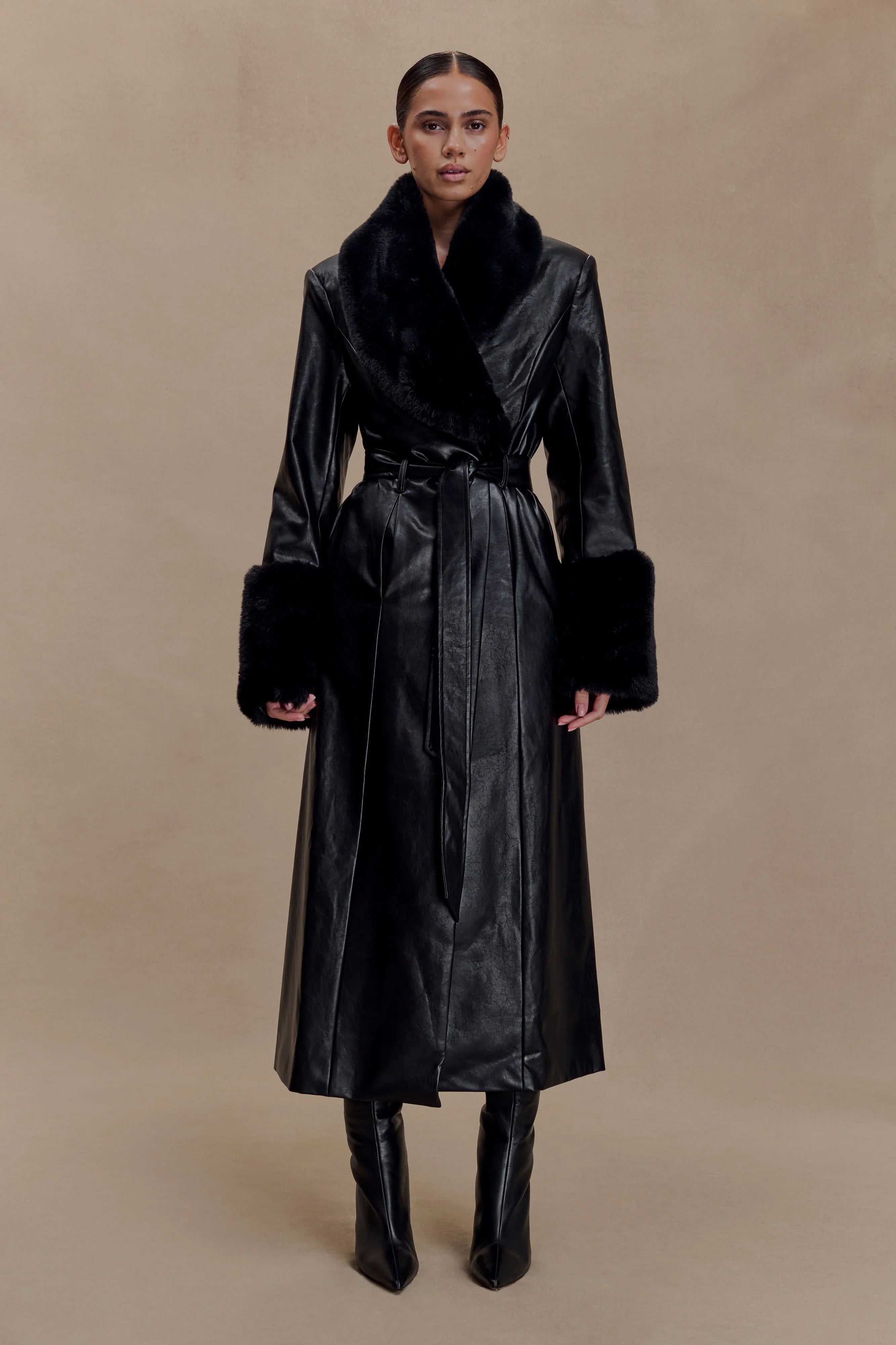 Bec Faux Leather Trench Coat With Faux Fur Black