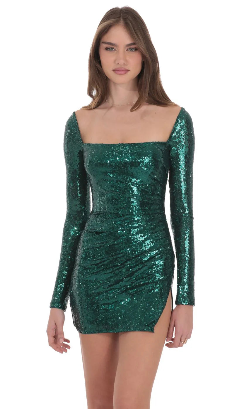 Sequin Long Sleeve Bodycon Dress in Green