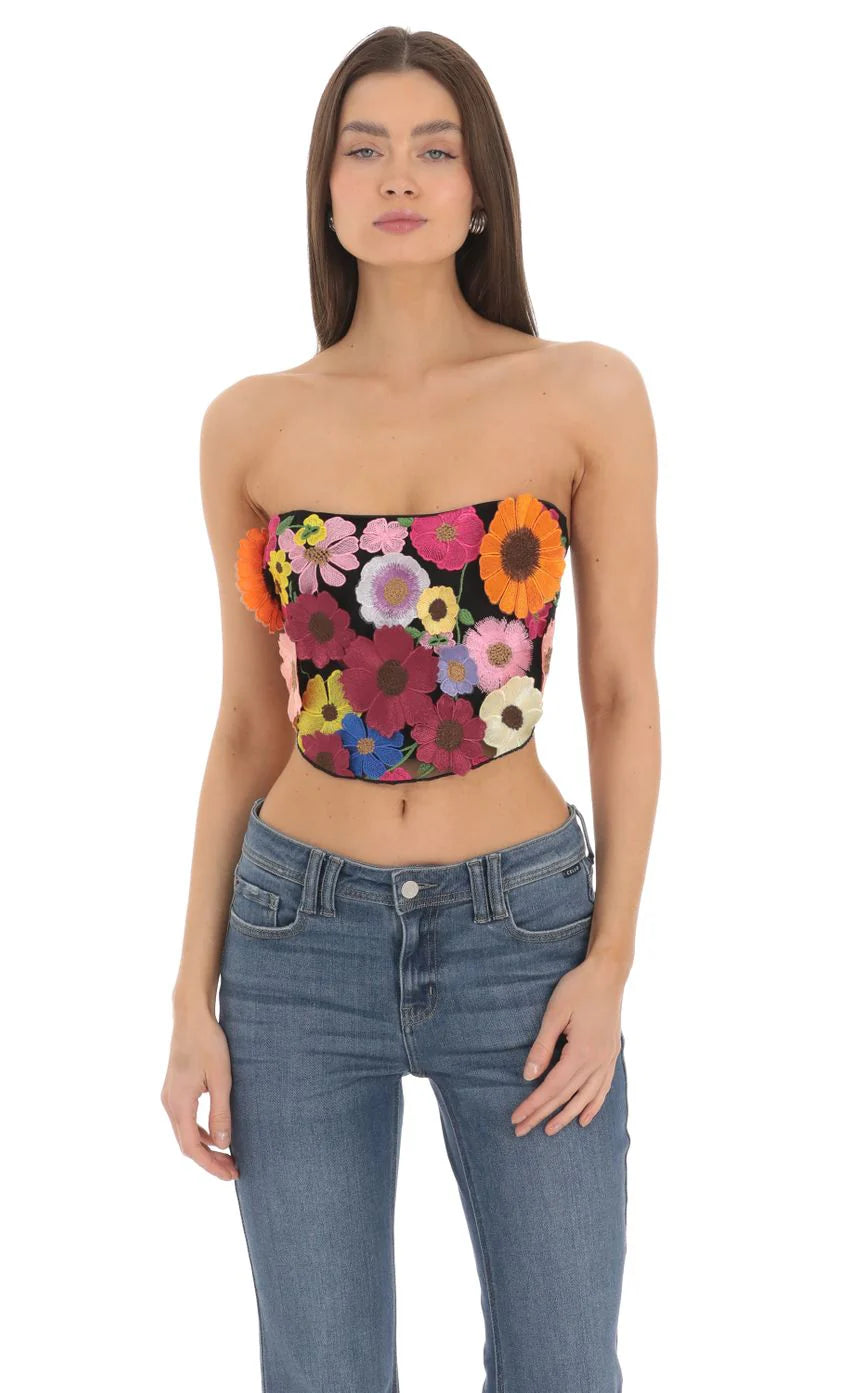 3 D Flower Strapless Top in Black