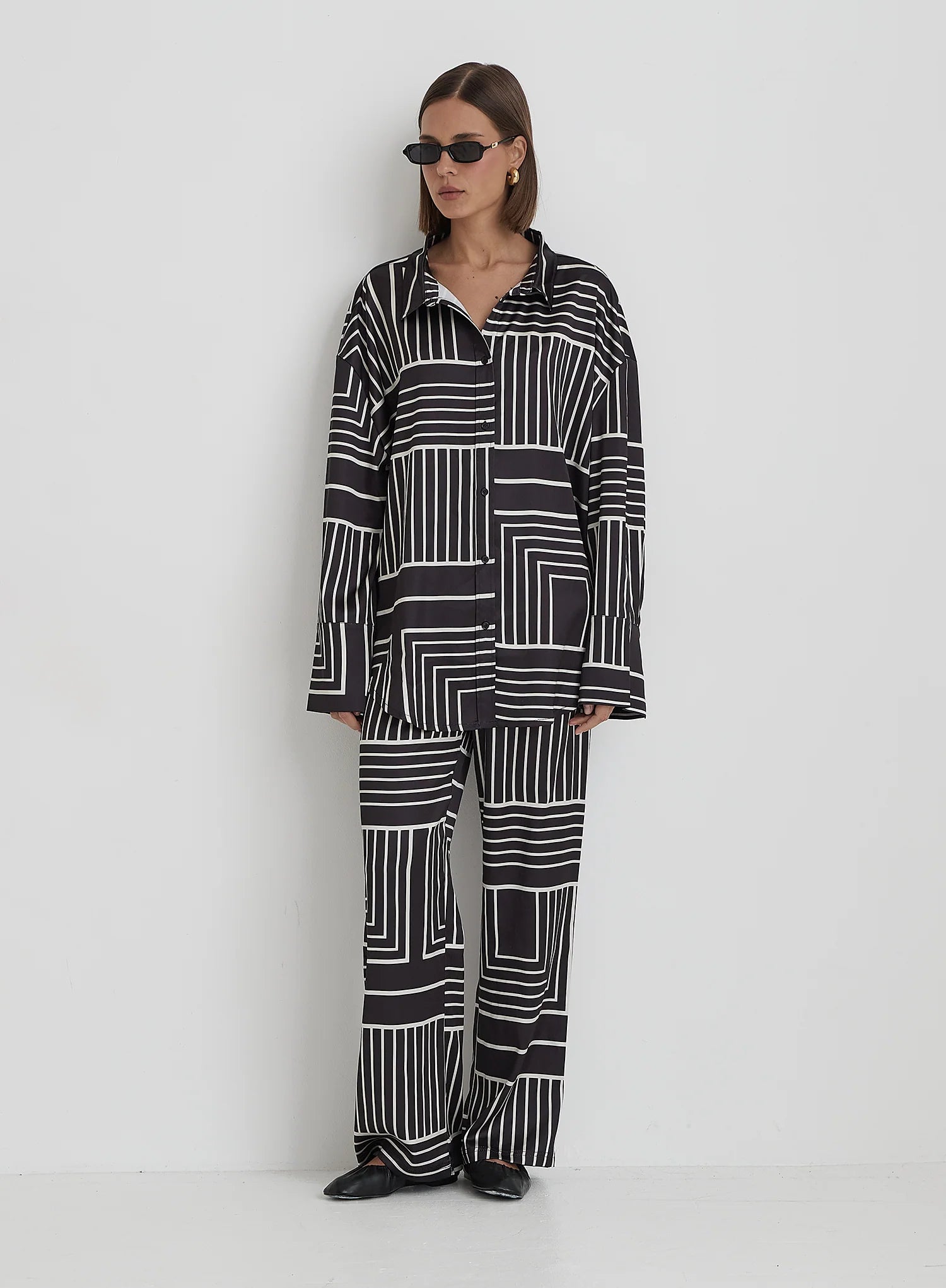 Black And Cream Abstract Print Relaxed Satin Trouser