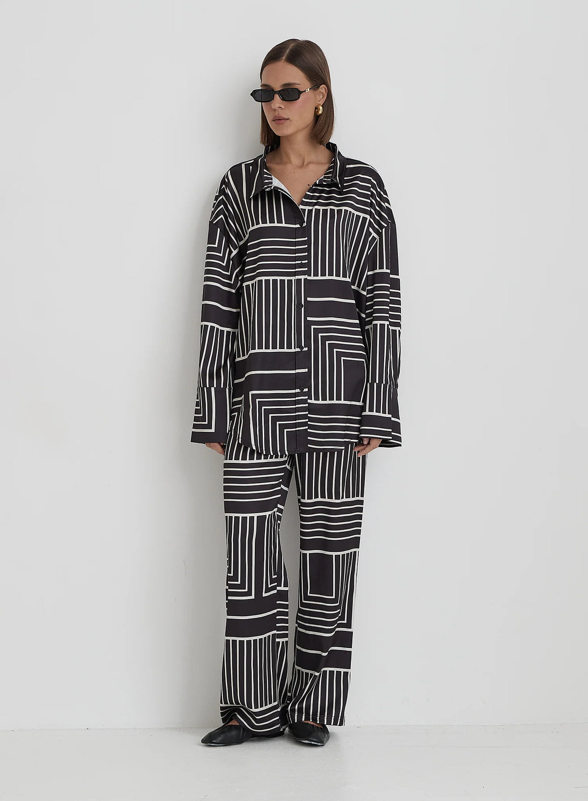 Black And Cream Abstract Print Relaxed Satin Trouser