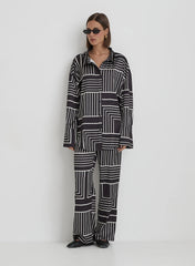 Black And Cream Abstract Print Relaxed Satin Trouser