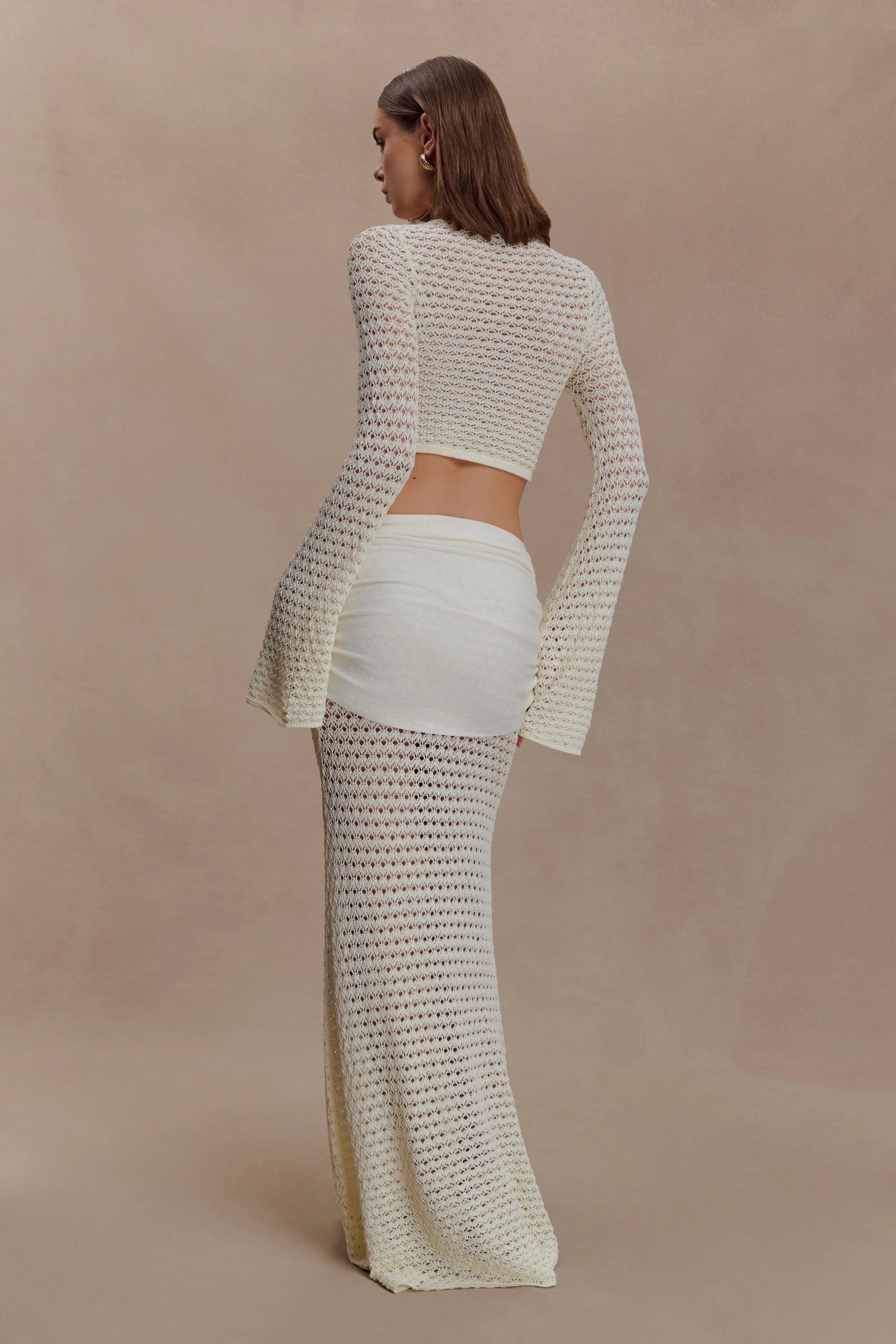 Mania Crochet Long Sleeve Cropped Top Ivory