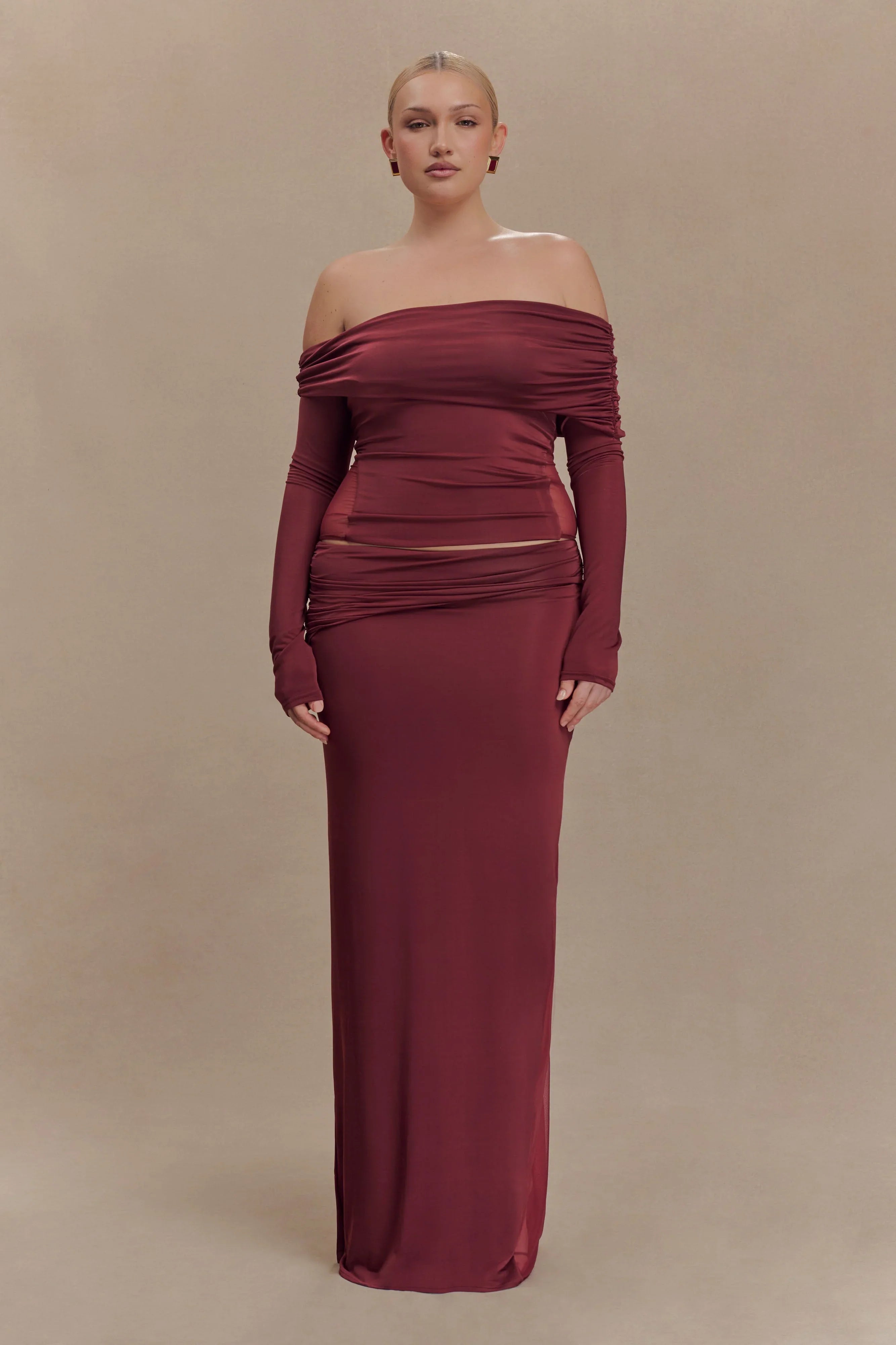 Judy Slinky And Mesh Maxi Skirt Wine