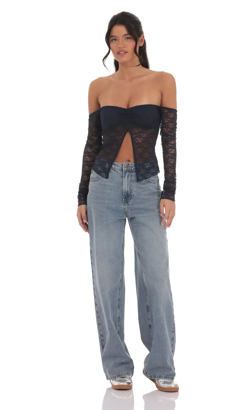 Off Shoulder Lace Flyaway Top in Navy