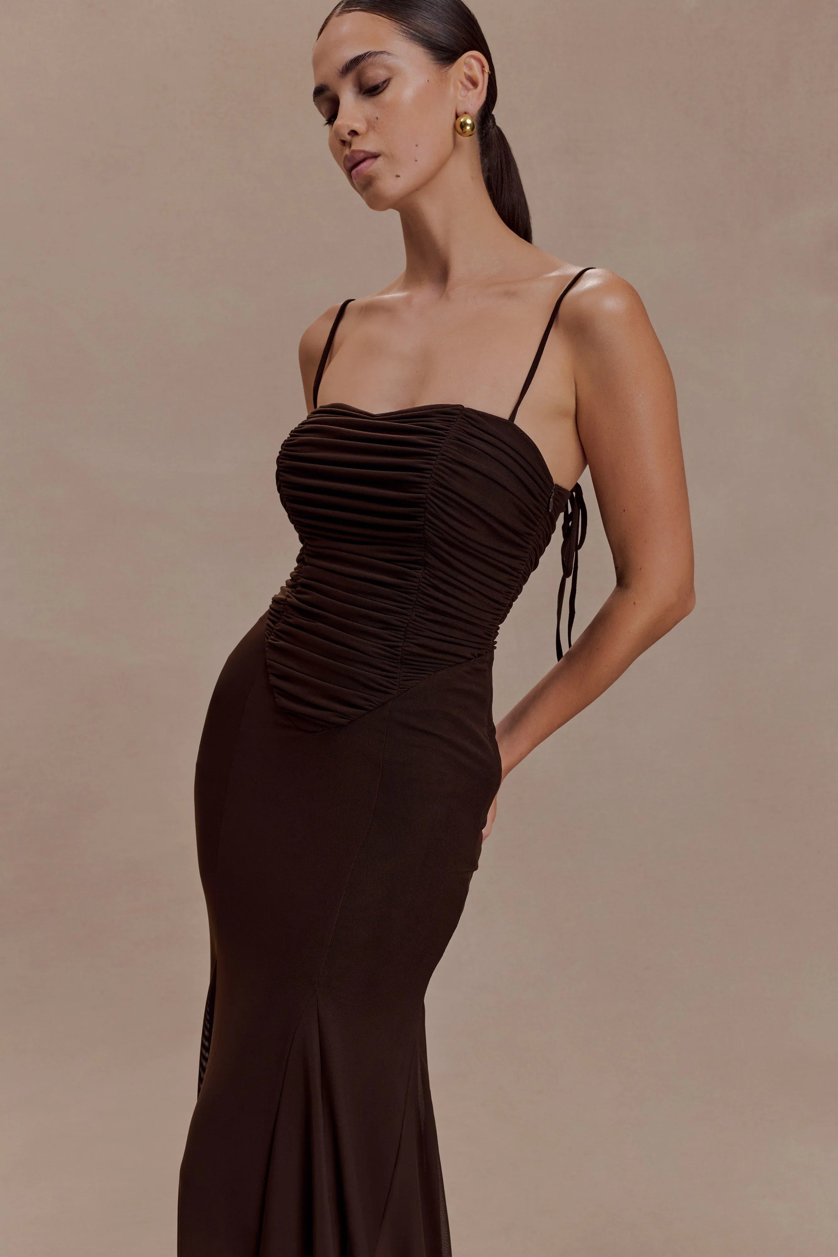 Willa Gathered Mesh Midi Dress Chocolate
