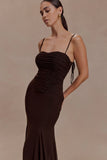 Willa Gathered Mesh Midi Dress Chocolate