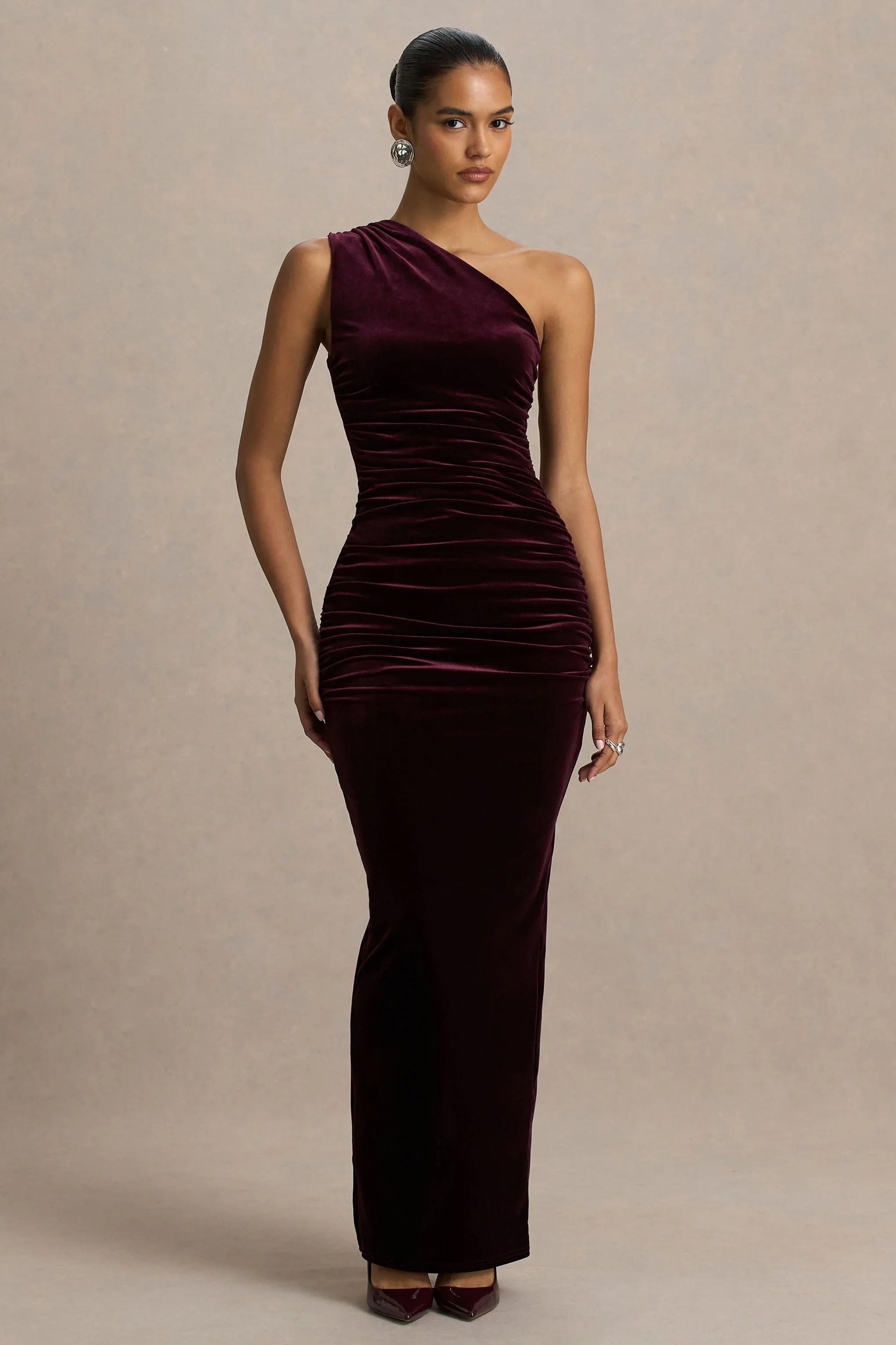 Treat Burgundy Velvet Asymmetric Neck Maxi Dress With Ruched Detailing