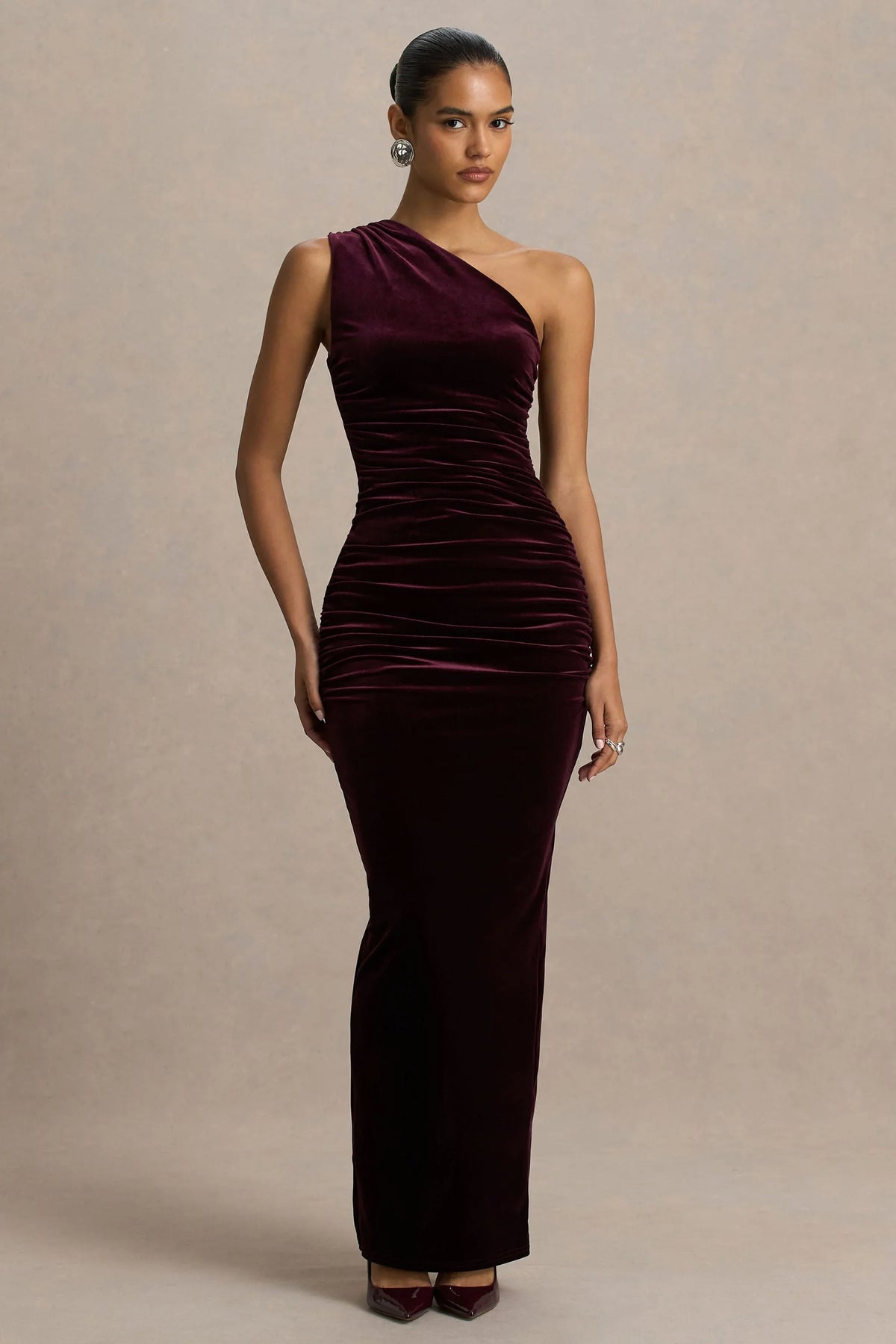 Treat Burgundy Velvet Asymmetric Neck Maxi Dress With Ruched Detailing