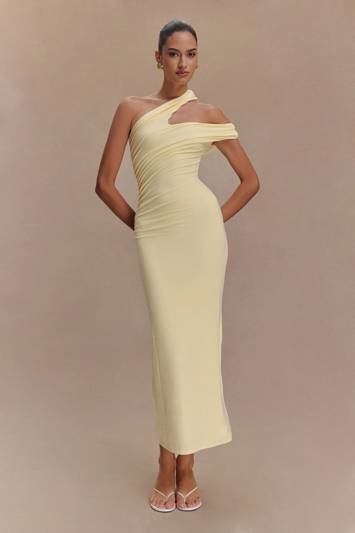 Anastasia One Shoulder Modal Midi Dress Pale Lemon