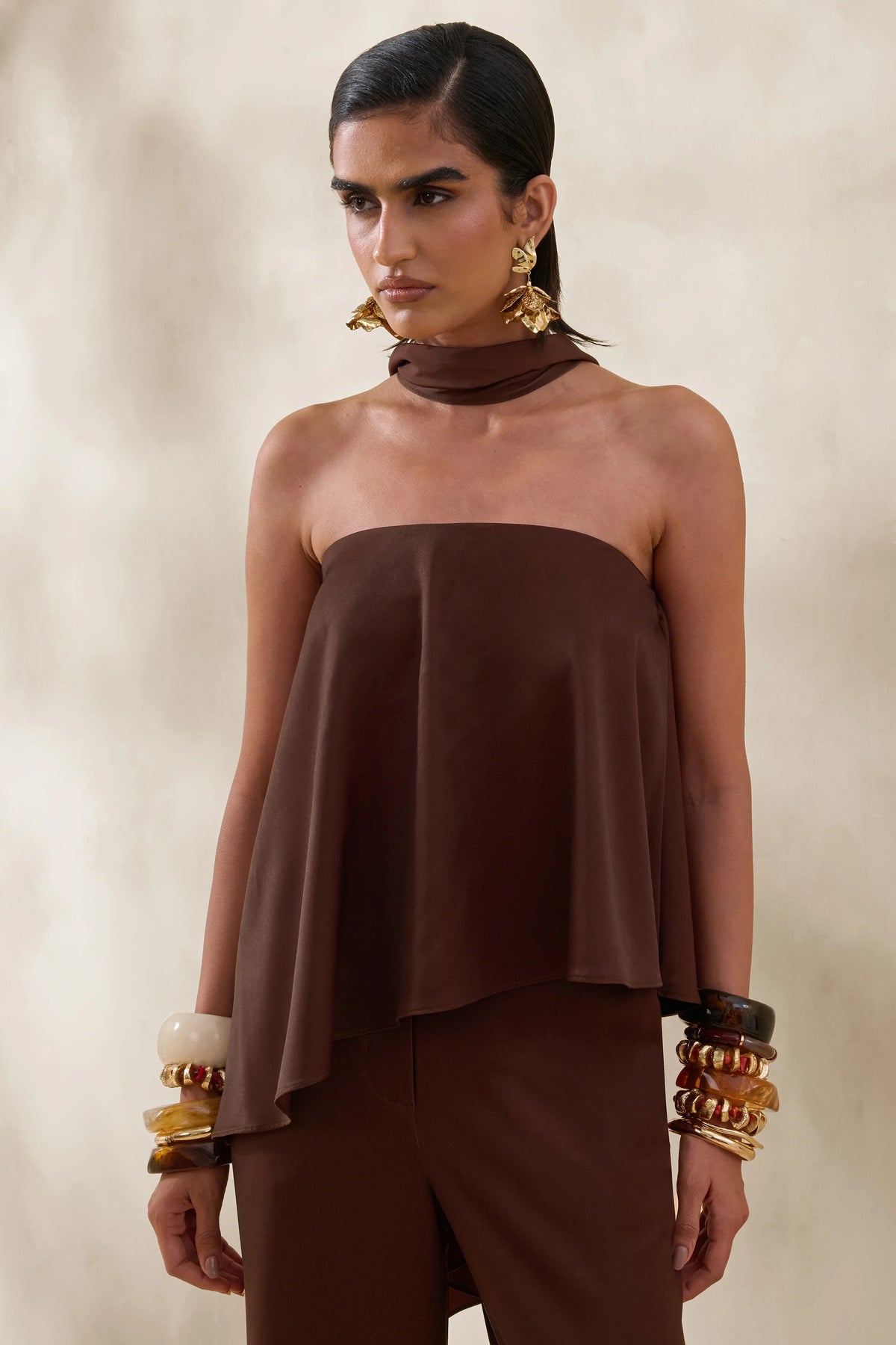 Evandra Brown Satin Bandeau Top With Scarf