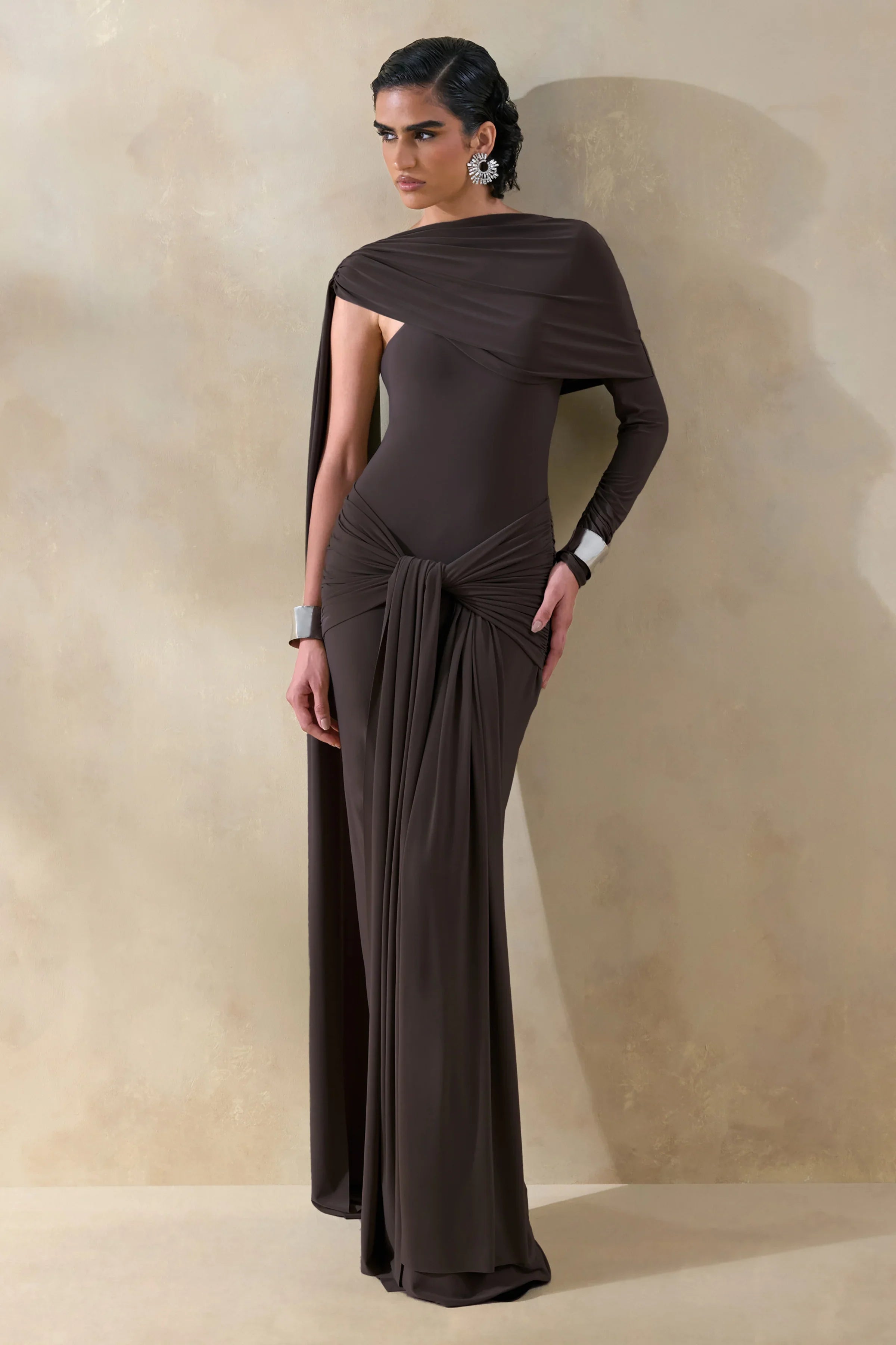 Trisara Brown Asymmetric Neck Maxi Dress With Gathered Detailing And Sash