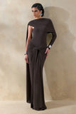 Trisara Brown Asymmetric Neck Maxi Dress With Gathered Detailing And Sash