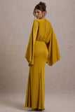 Zuzanna Mustard Draped Maxi Dress With Cape Sleeves