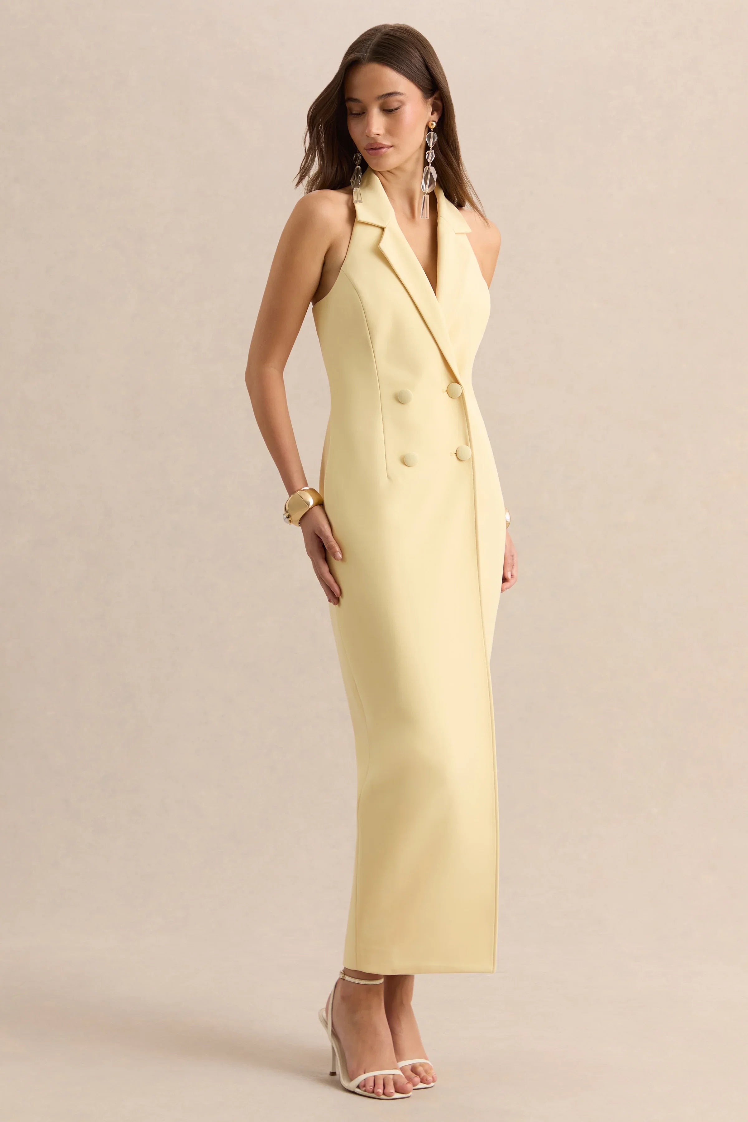 Hana Lemon Plunge Neck Tailored Maxi Dress