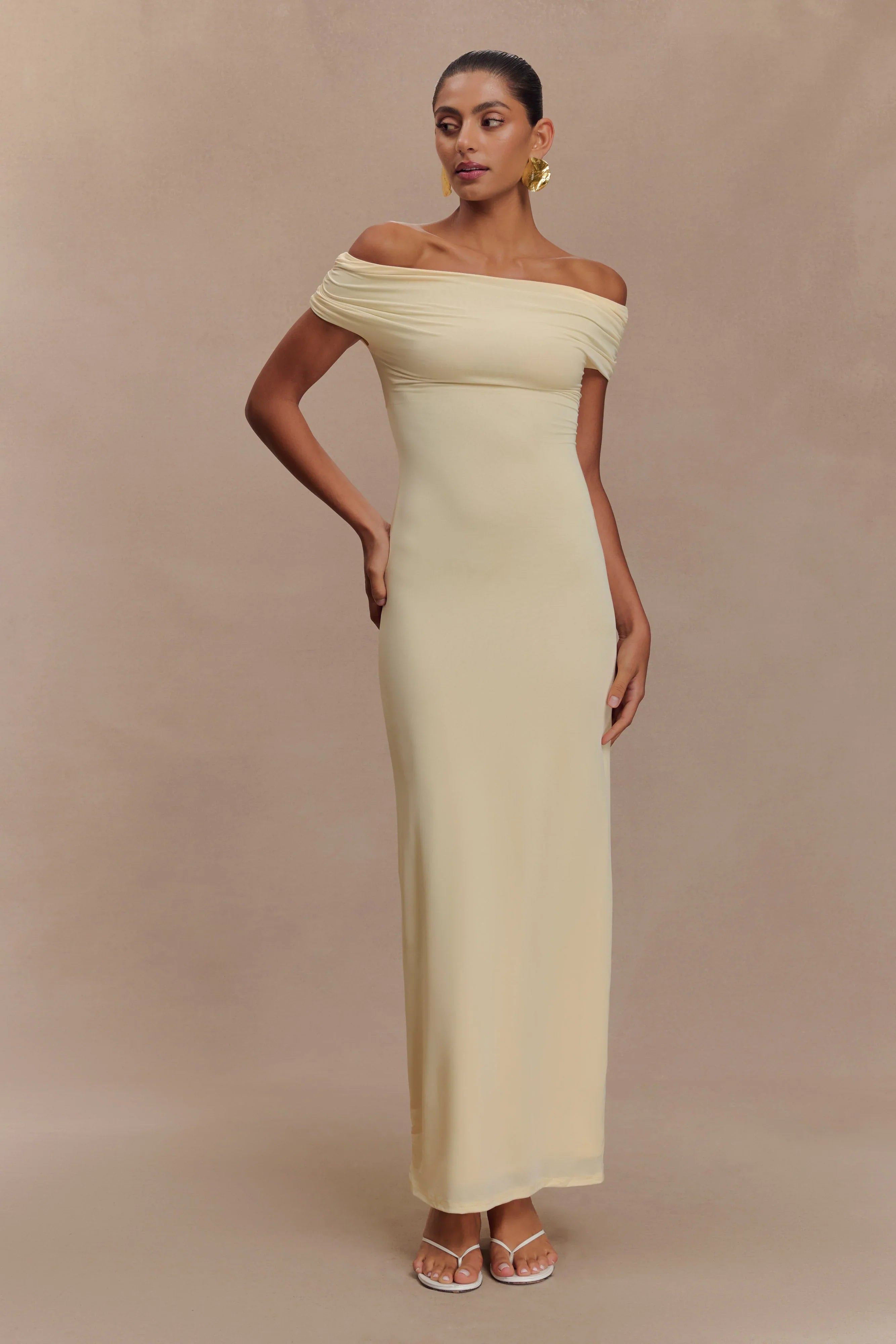 Imogen Off Shoulder Slinky Maxi Dress Lemon