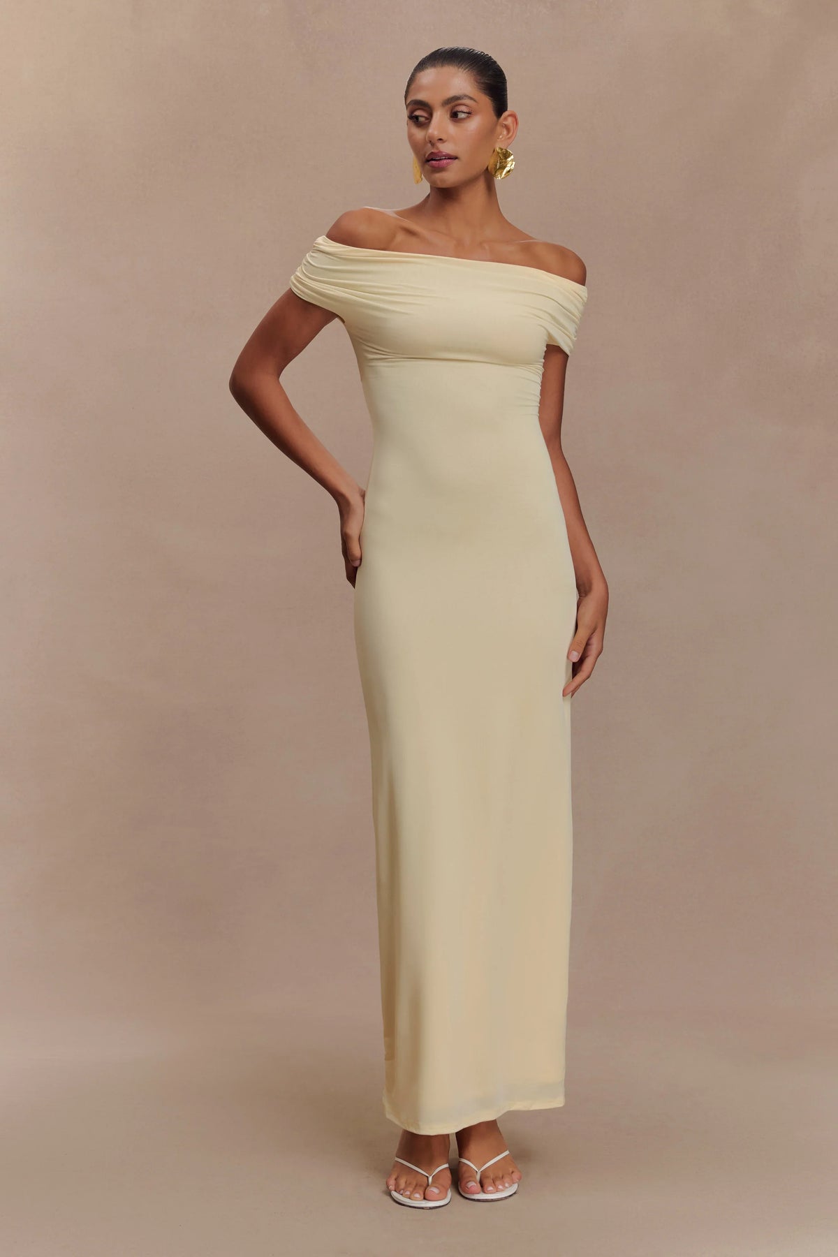 Imogen Off Shoulder Slinky Maxi Dress Lemon