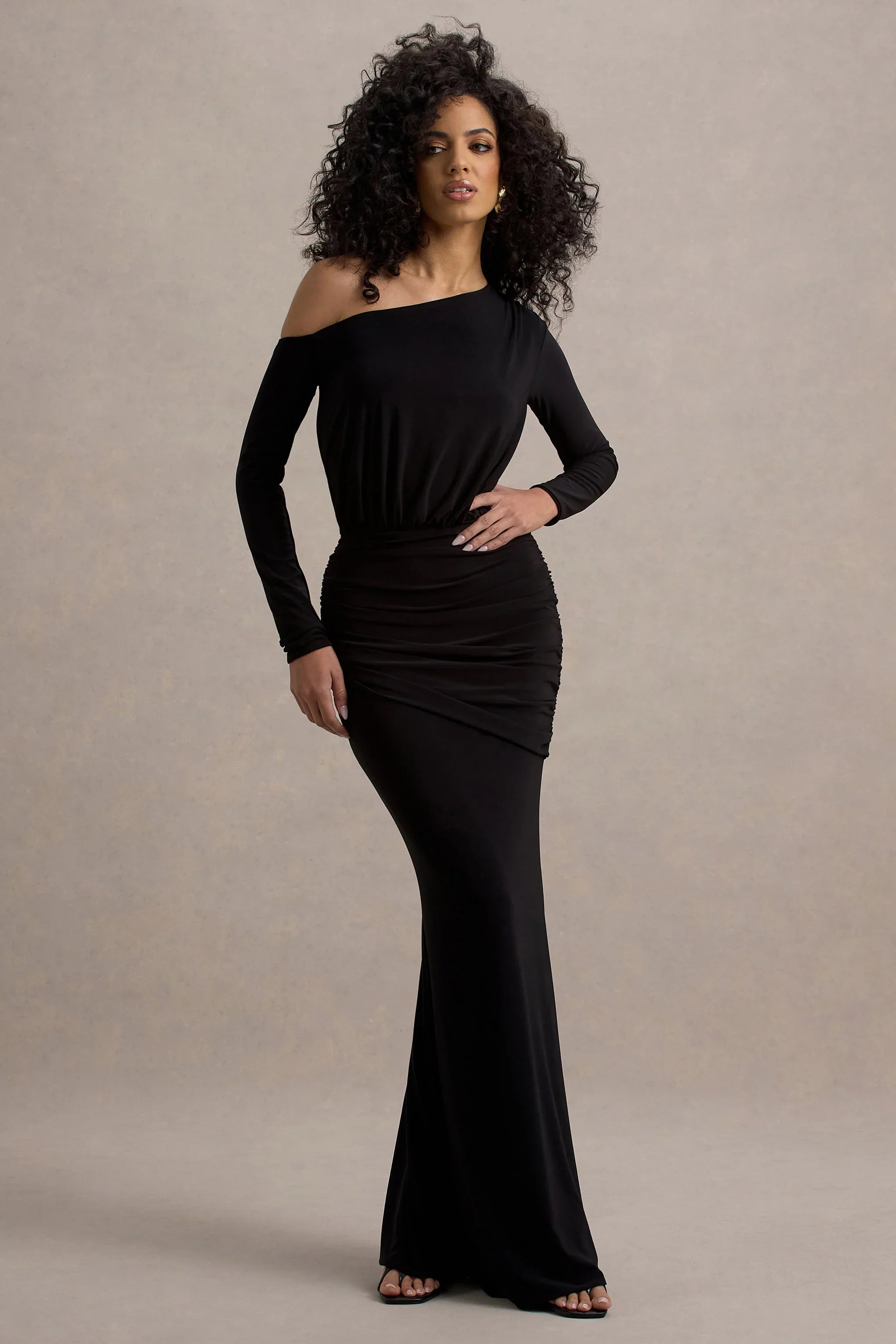 Deanna Black Asymmetric Long Sleeve Ruched Maxi Dress