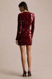 Ritz Burgundy Sequin Plunge Neck Mini Dress With Long Sleeves