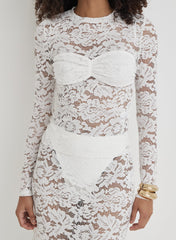 White Lace Long Sleeve Bust Detail Top