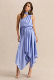 Caluna Powder Blue Satin Asymmetric Neck Midi Dress With Scarf Detail